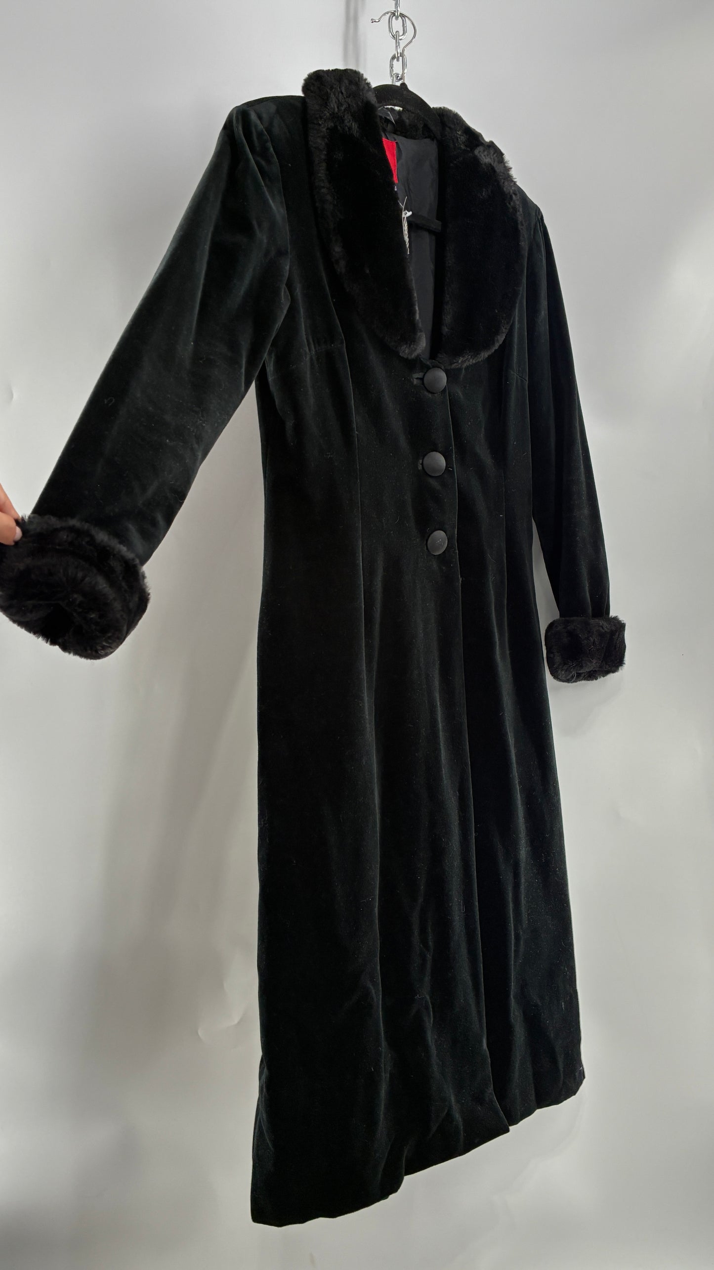 Vintage JS Collection Velour Duster Coat with Deep Neckline, Vegan Fur Collar and Cuffs (Large)