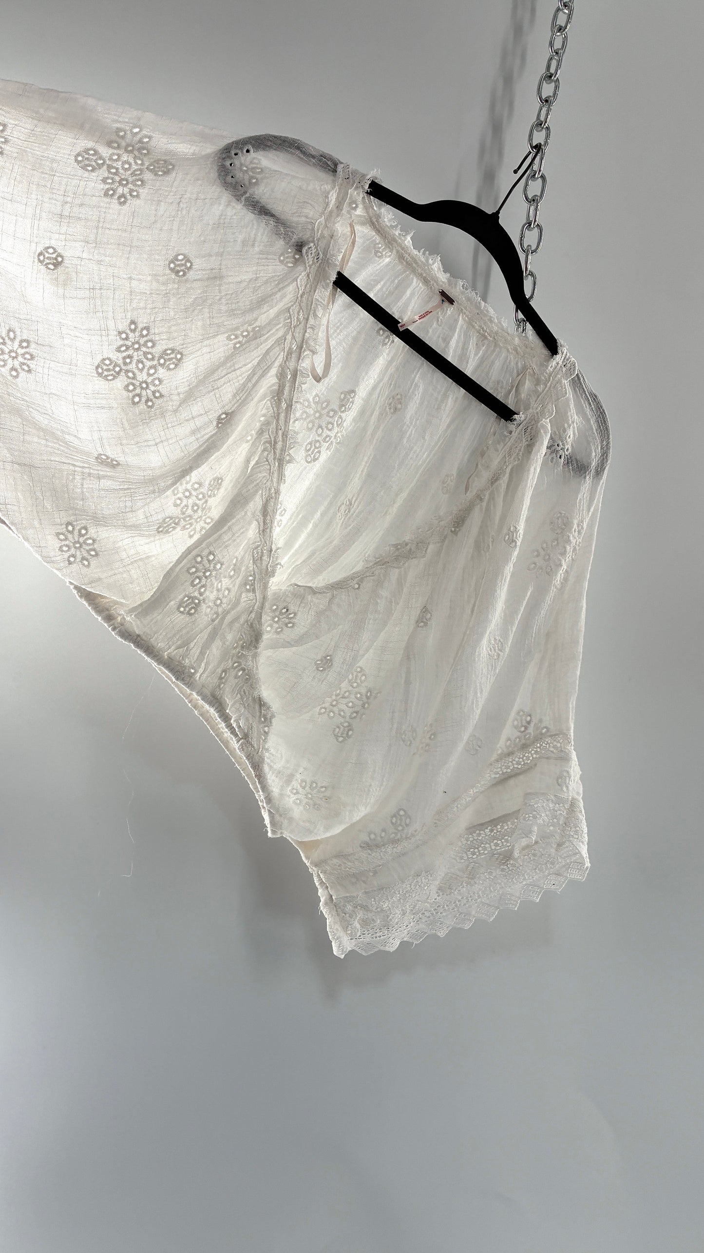 Vintage Free People Cotton Eyelet Embroidered Draping Bubble Top (Small)