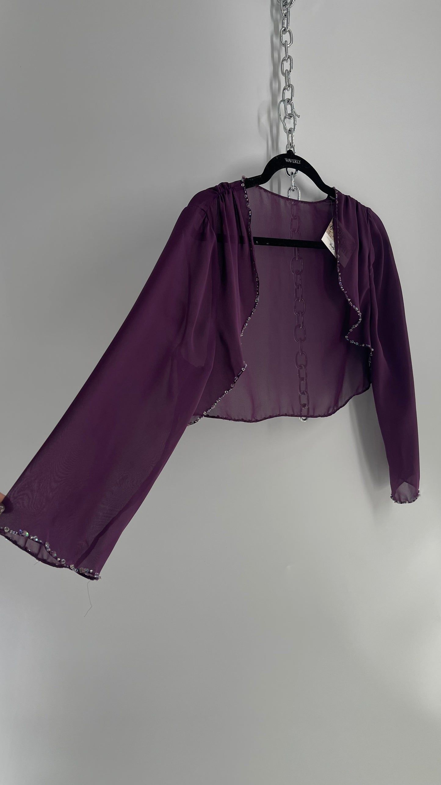 Vintage 1990s Purple Sheer Shrug with Iridescent Beaded Cuffs and Hem (M/L)