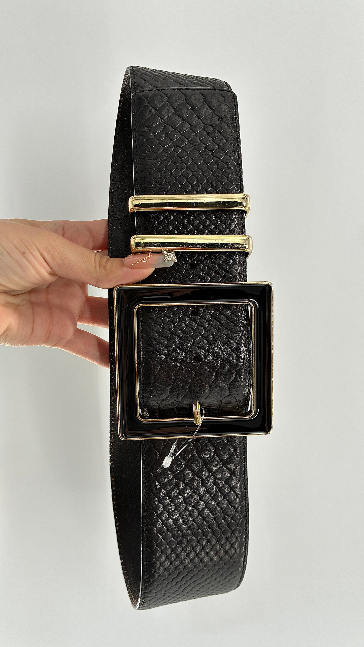 Vintage HIVE & HONEY Extra Wide Black Leather Belt with Oversized Square Buckle (Small)