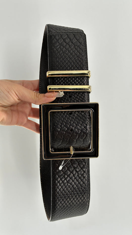 Vintage HIVE & HONEY Extra Wide Black Leather Belt with Oversized Square Buckle (Small)