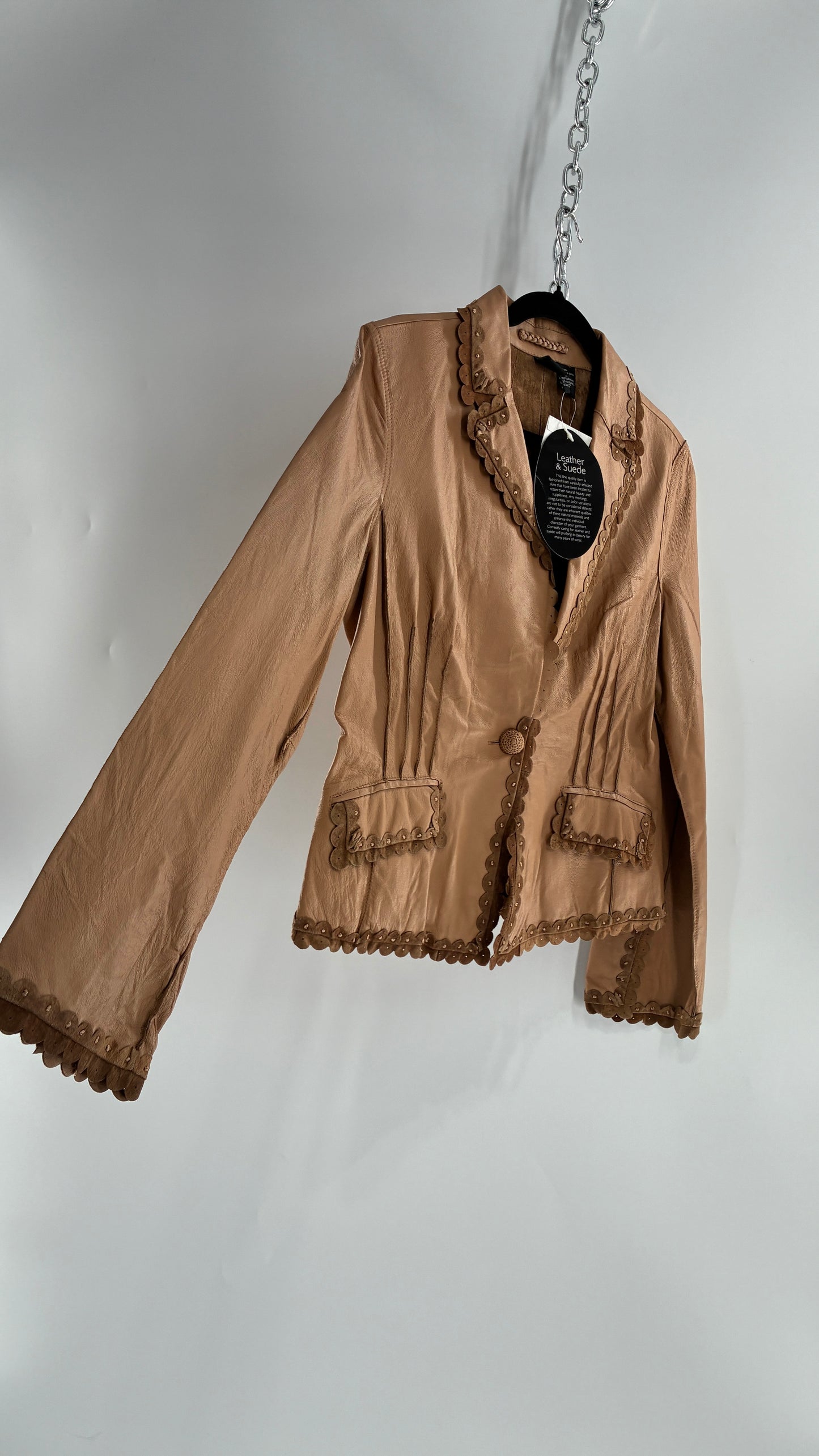 RARE Deadstock Vintage Cami Brown Thin Leather Jacket with Suede Scalloped Trim (12)