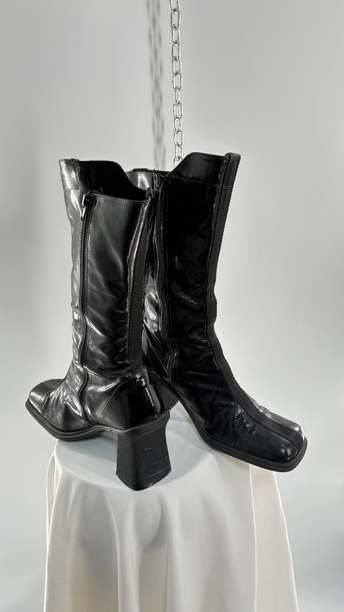 Vintage Black Patent Vinyl Boots with Square Toe and Block Heel with High, Low Calf (40)