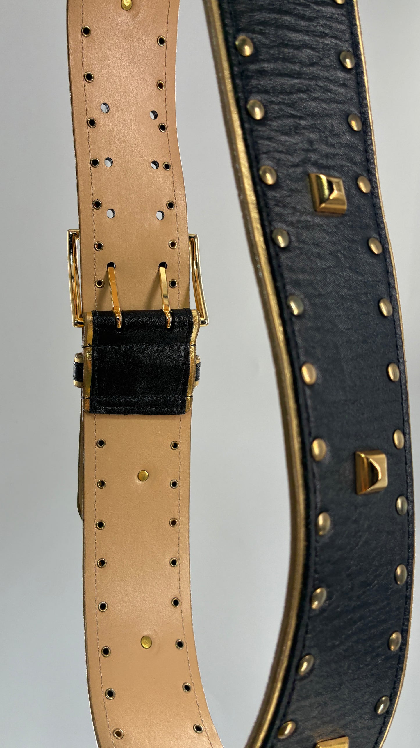Vintage Wide Black Genuine Leather Belt with Studded Detailing and Oversized Buckle