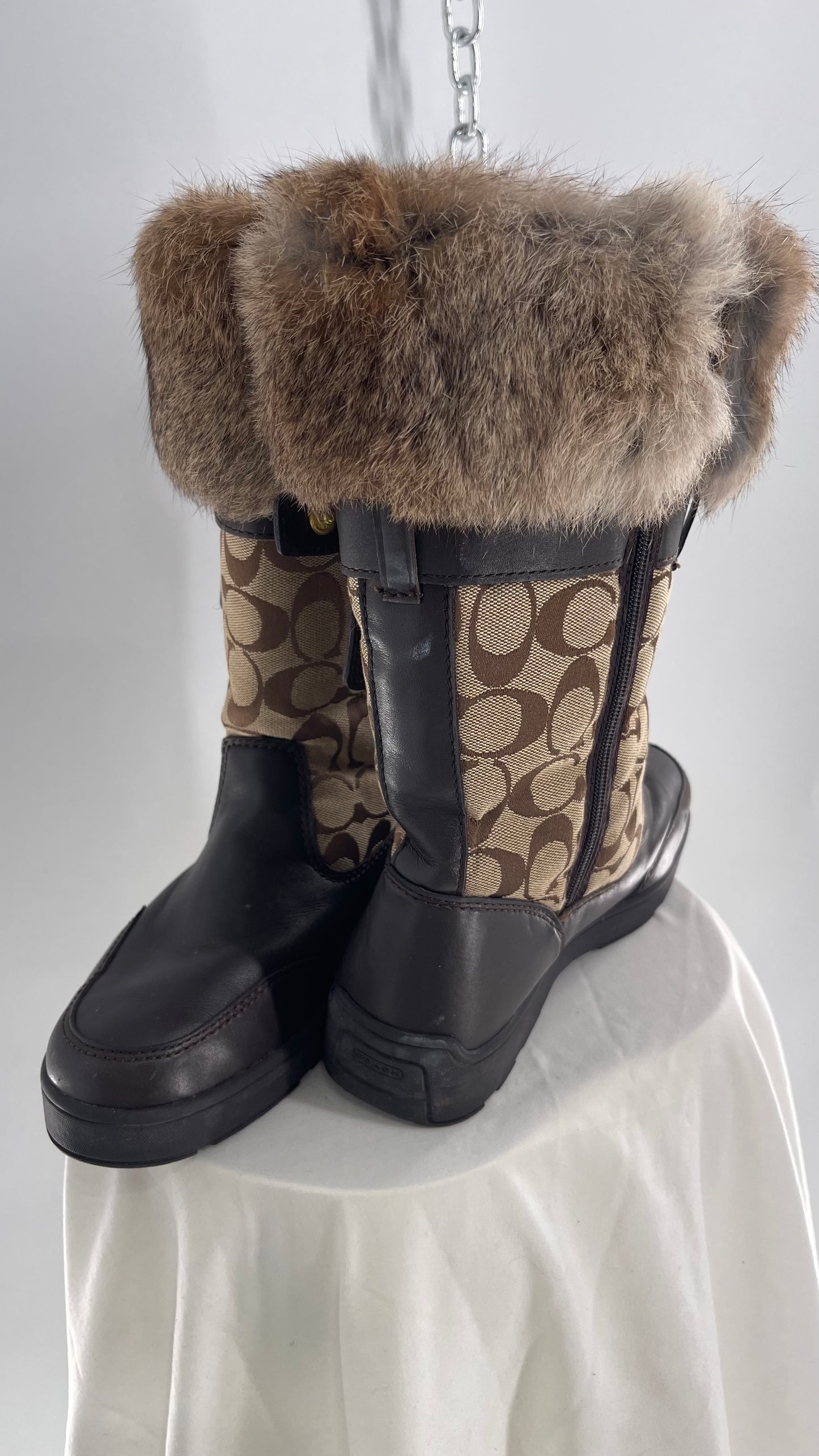 Coach Vintage Kimberly Brown Leather Quilted Monogram Rabbit Fur Trim Boot with Ankle Pouches  (8.5)