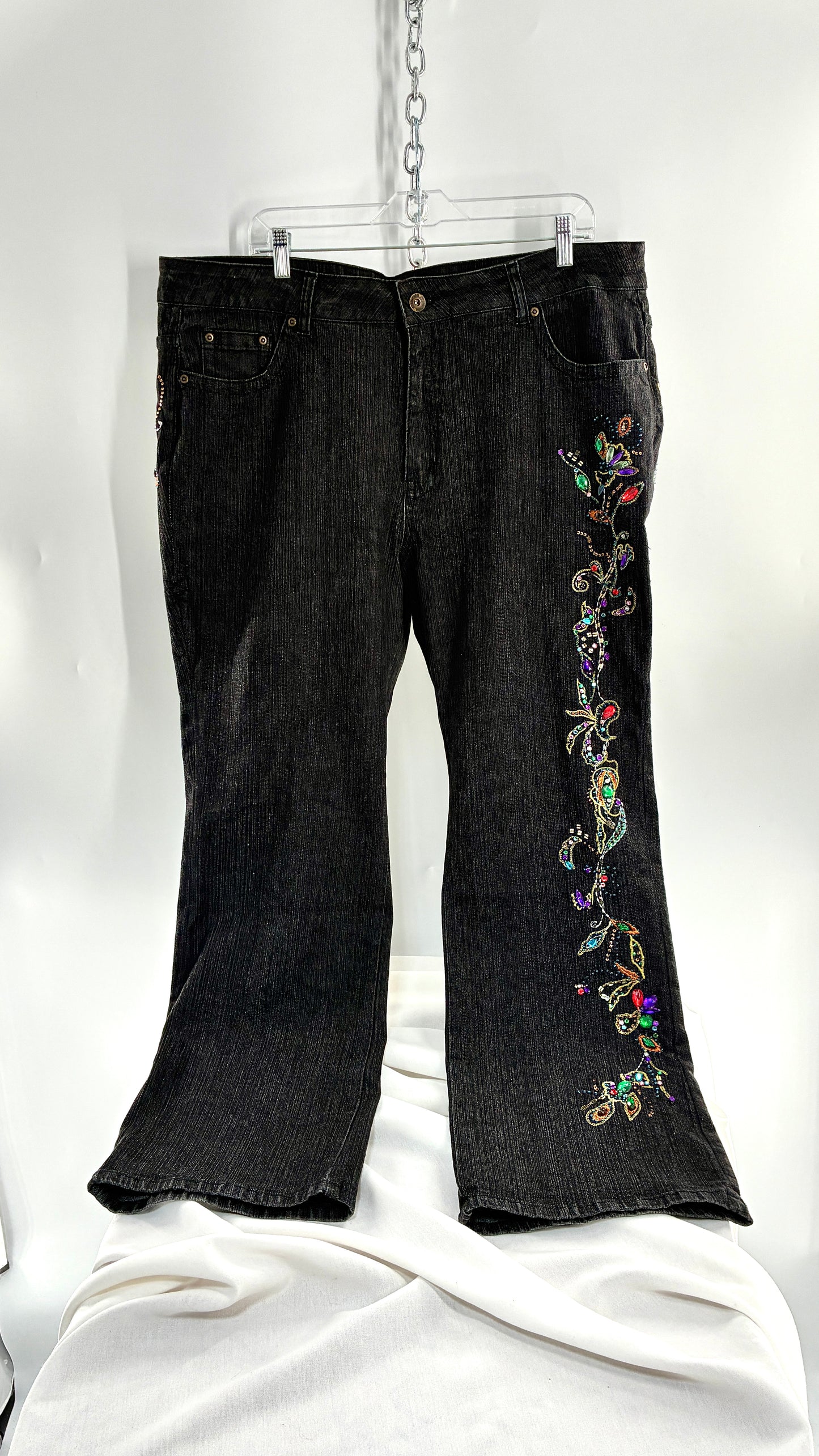 Vintage Grainy Black Denim with Hip to Hem Gemstones and Embroidery (22W)