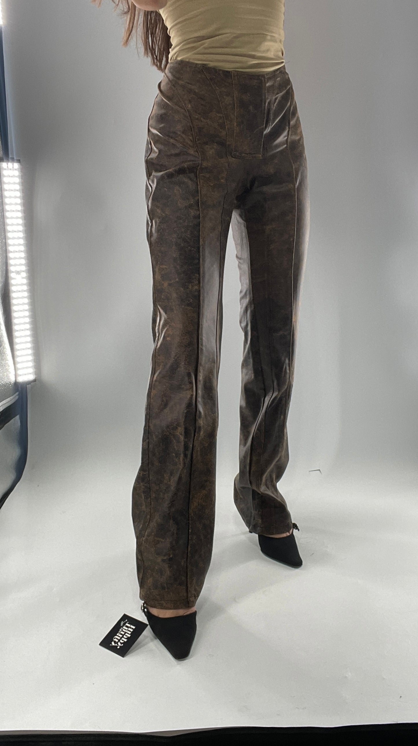 Vegan Brown Leather Kick Flares with Panel Details (Large)