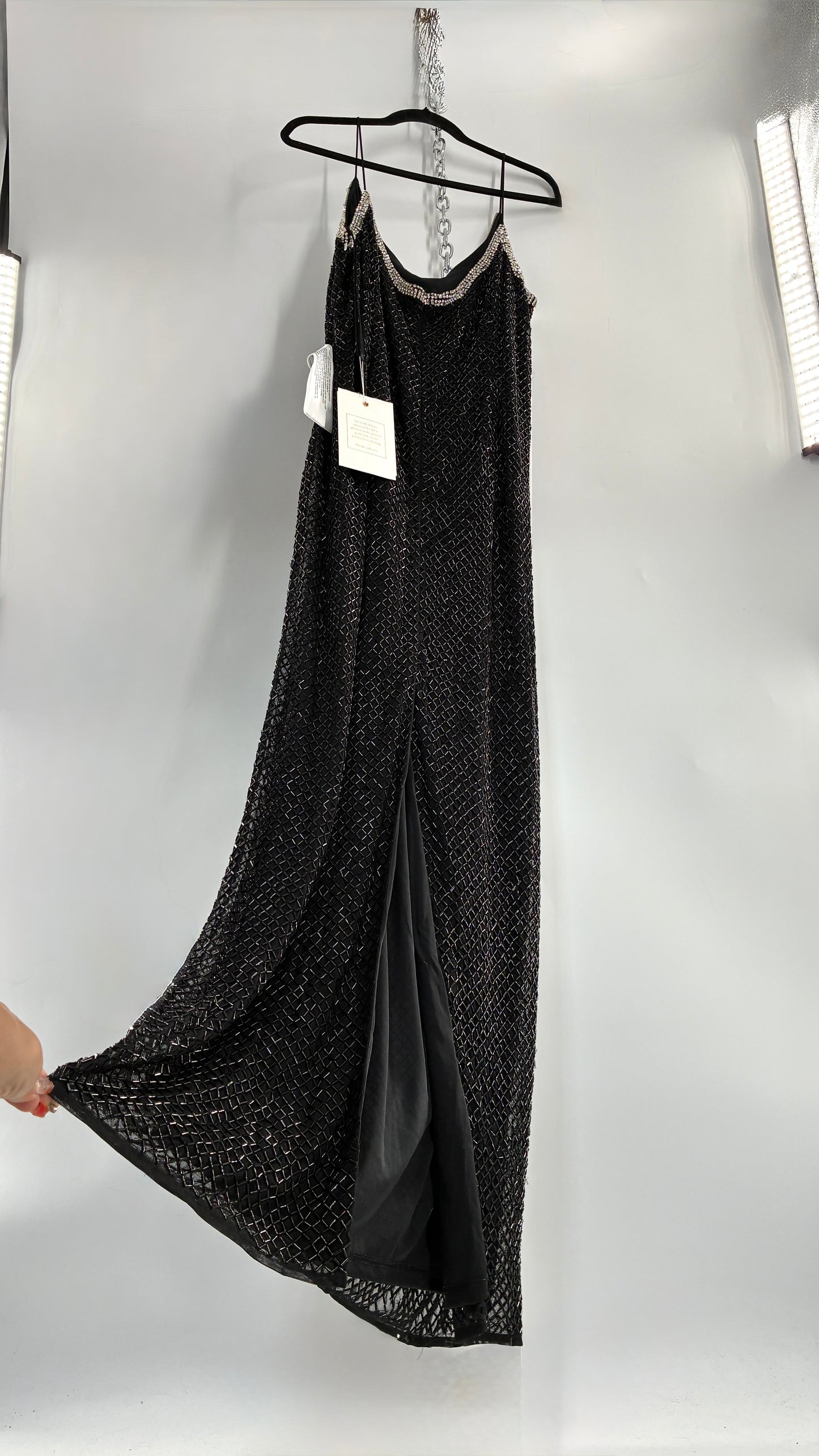 Vintage MAC DUGGAL Black Beaded Spaghetti Strap Column Gown with Tags Attached (16)
