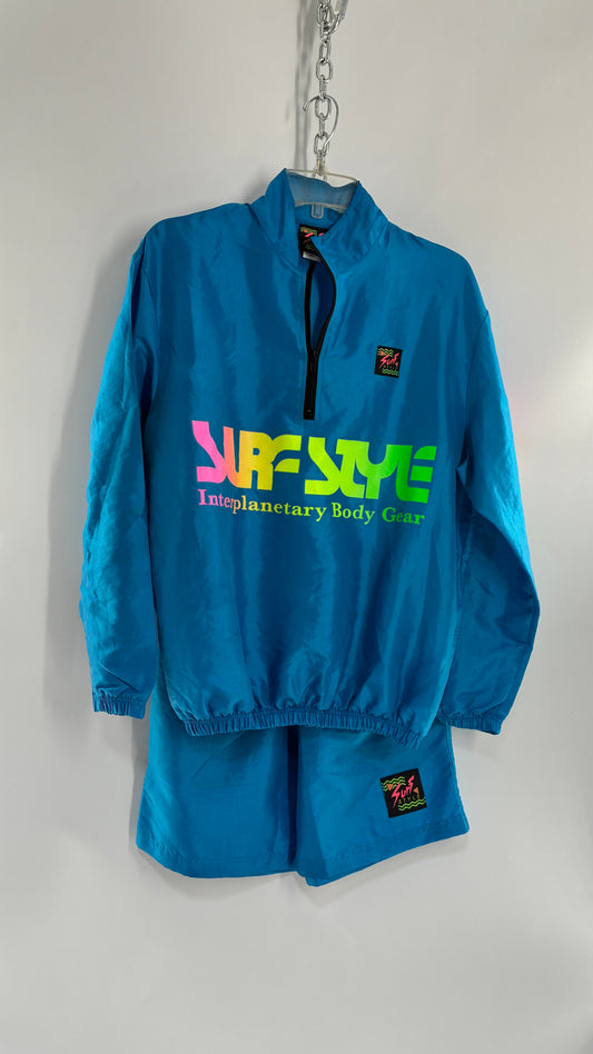 Vintage 1980s SURF STYLE Unisex Blue Track Workout Set with Windbreaker and Shorts, Neon Graphics (Small)