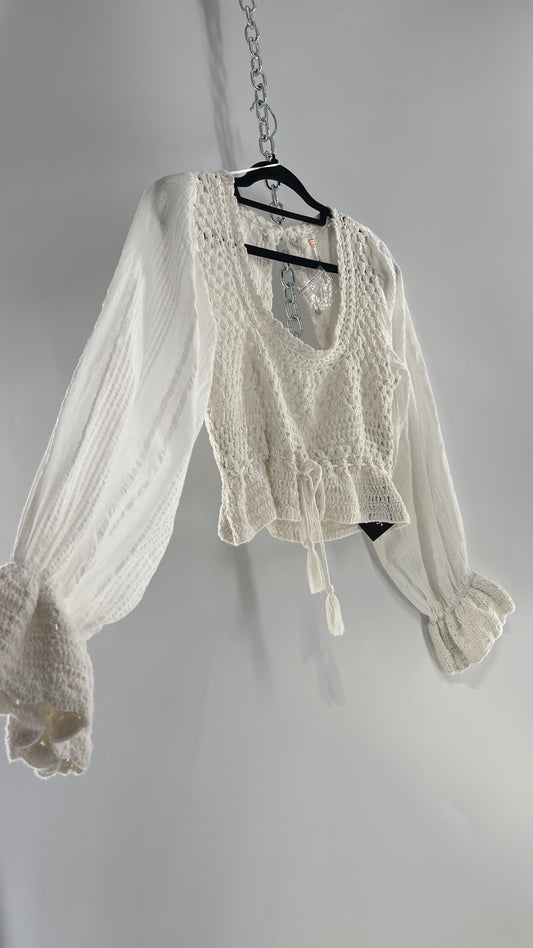 Free People White Megan Blouse with Crochet Knit Bodice and Open Back (XS)