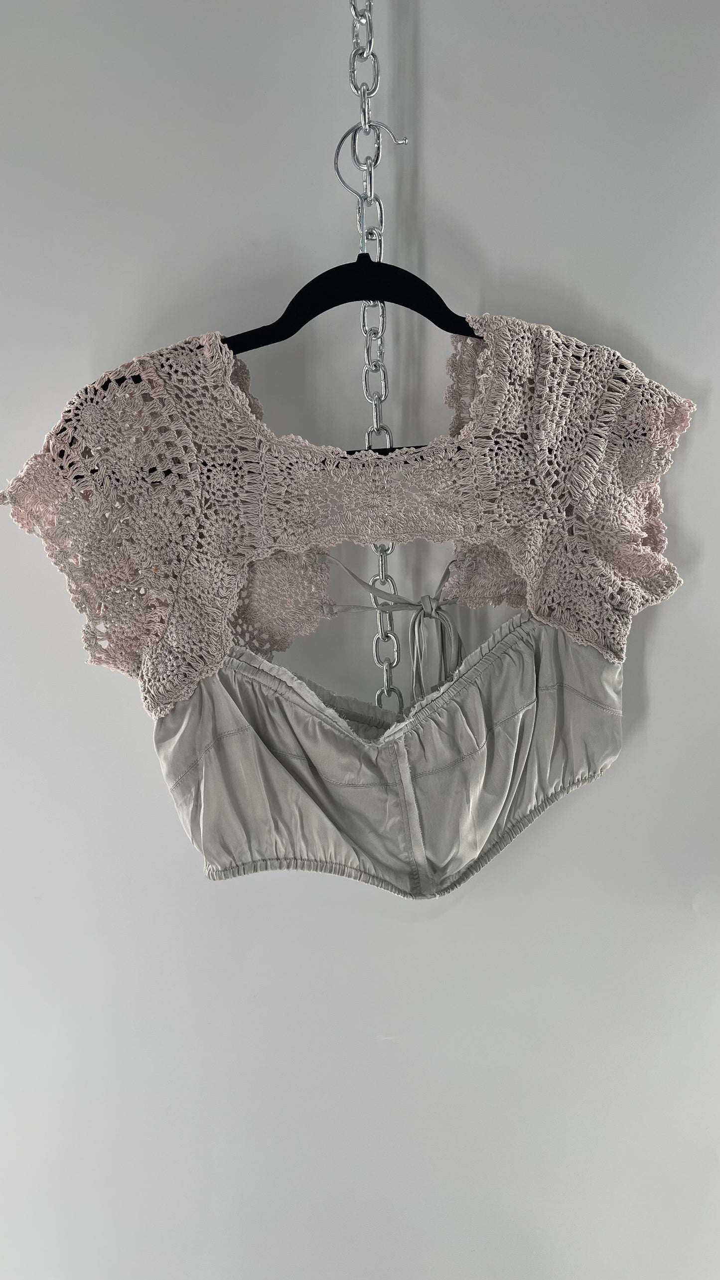 Intimately Free People Silver Satin Cropped Bustier with Crochet Shrug High Neckline (Large)