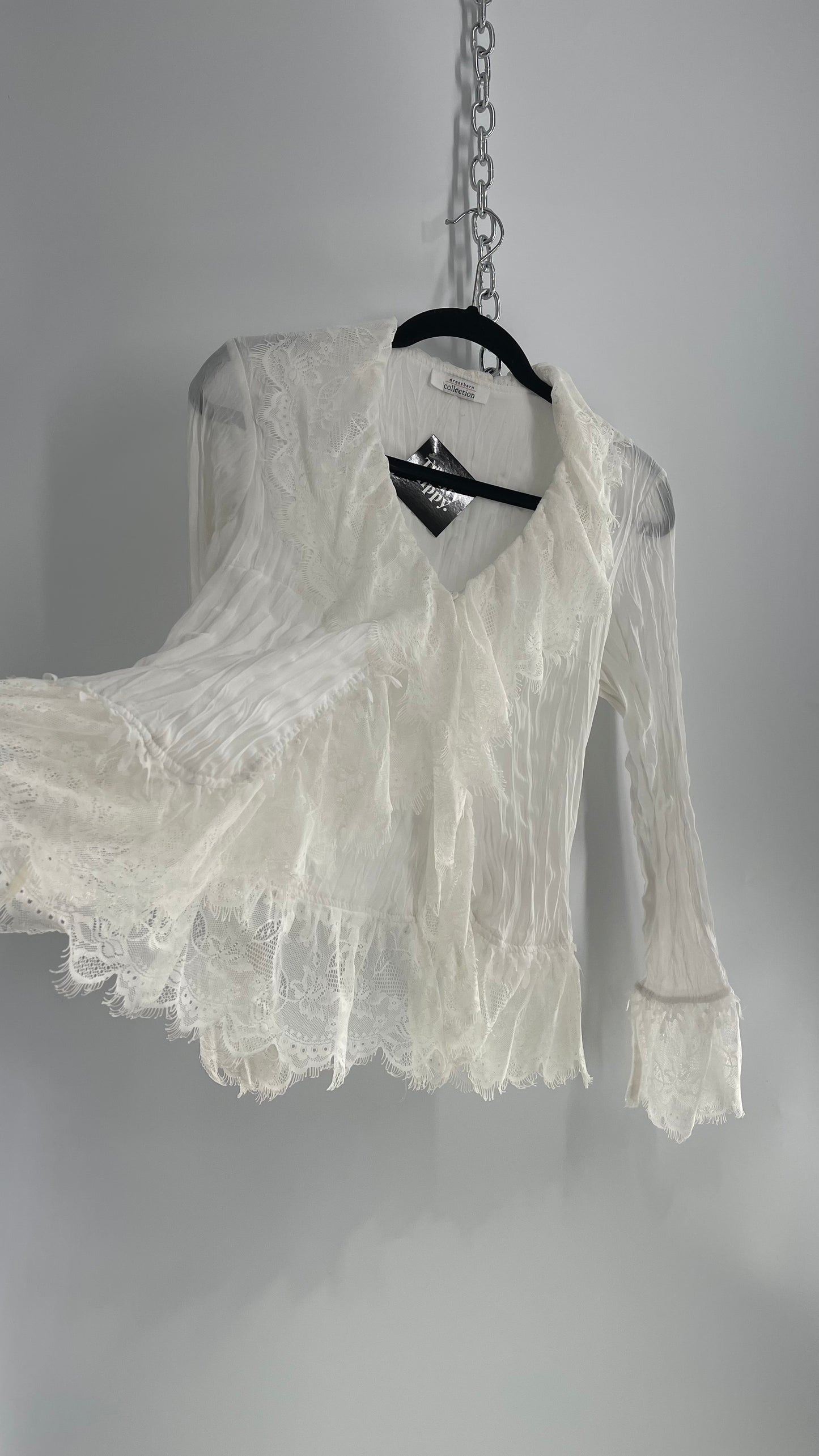 Vintage 1990s DressBarn Collection White Lace, Crimped, Ruffled Blouse (Small)