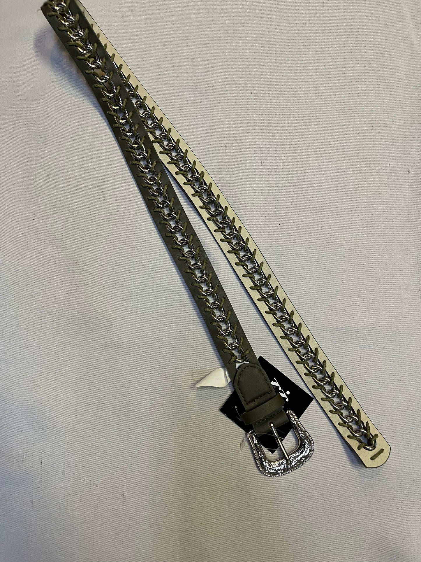 Free People Chain Link Thread Through Olive Green Leather Belt with Western Buckle(S/M)