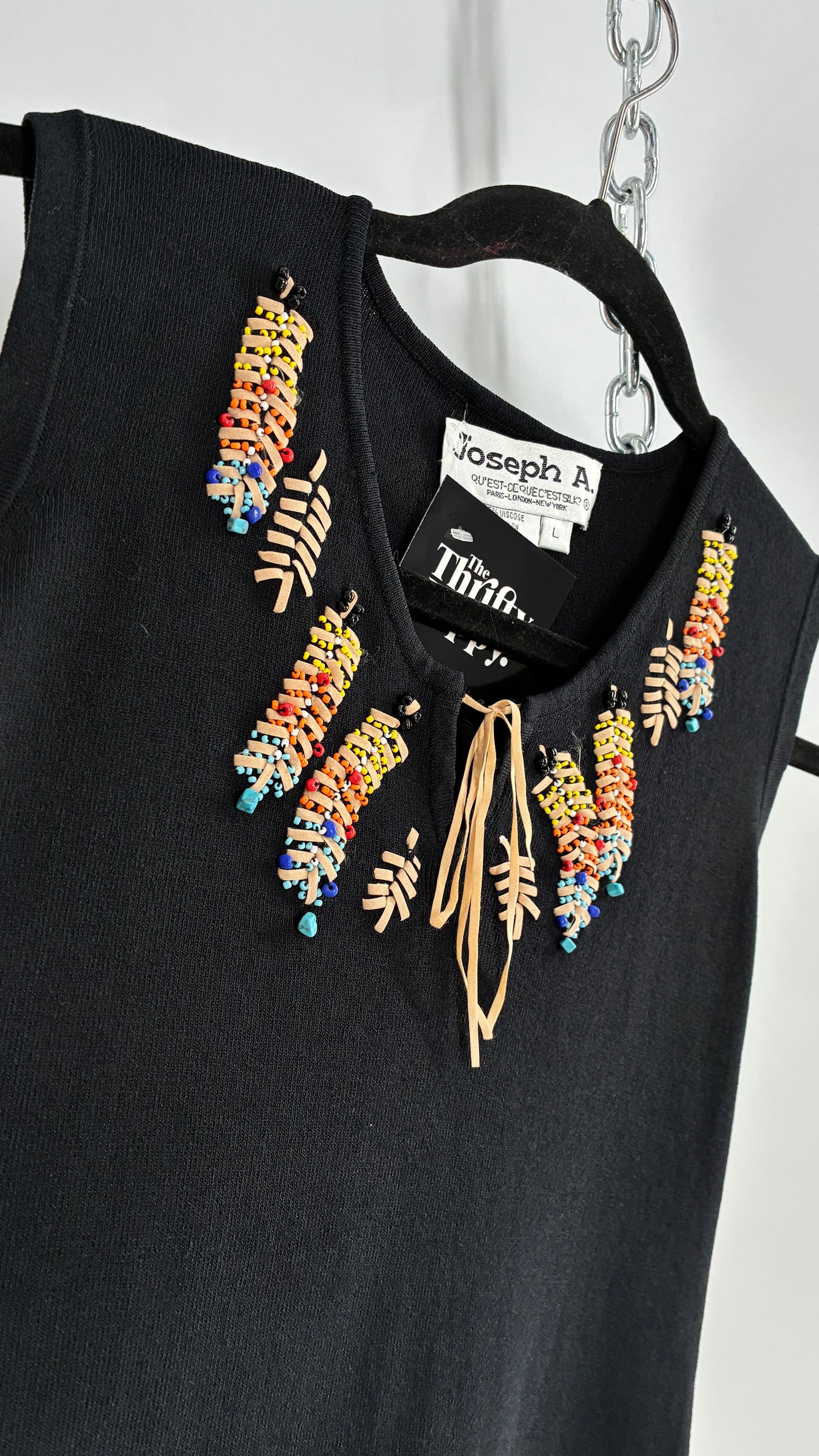 Vintage 1990s JOSEPH A Beaded Feather Black Sleeveless Top (Large)
