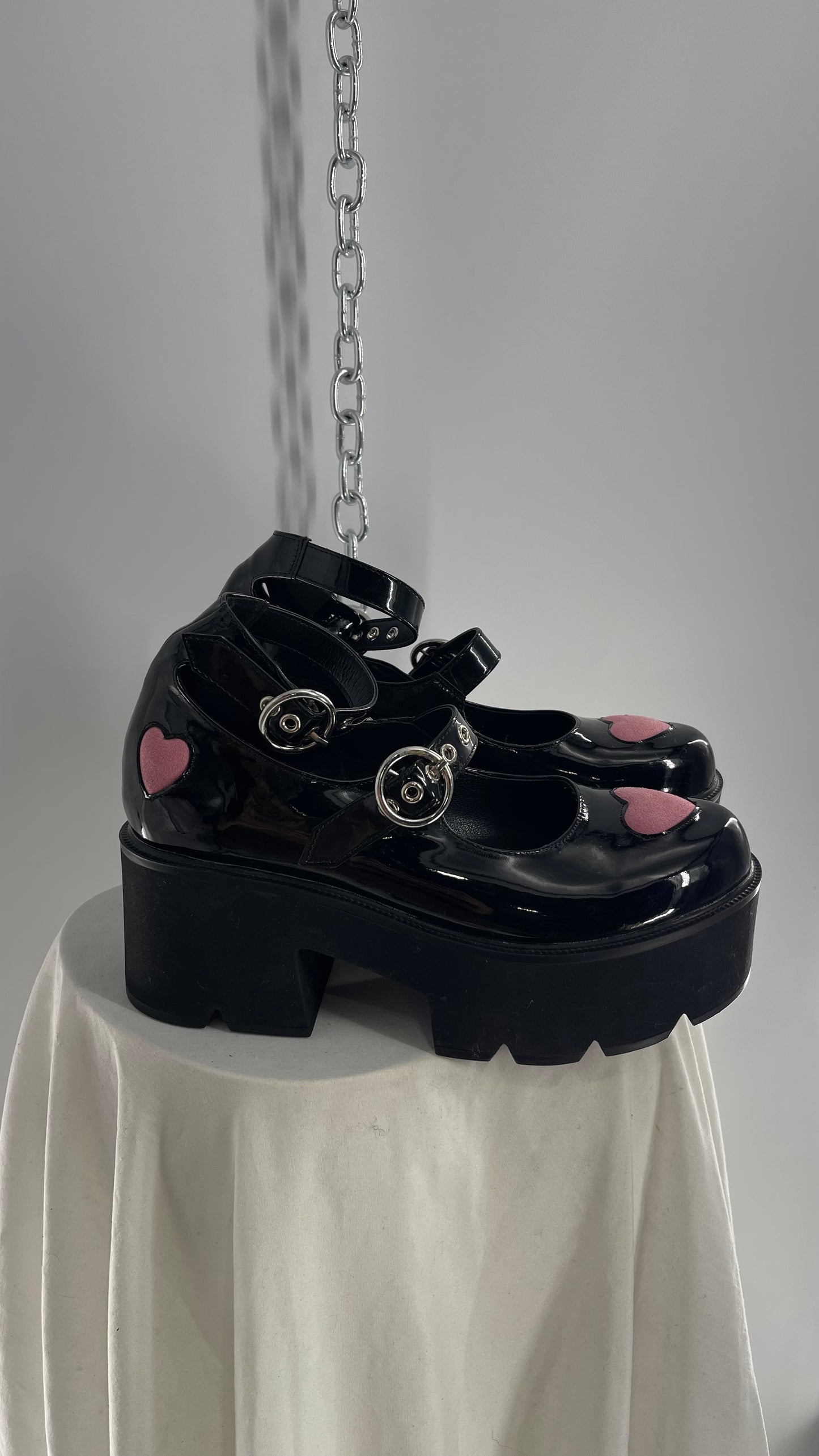 LaModa Ironic Black Patent Multibuckle Mary Jane with Pink Hearts (8)