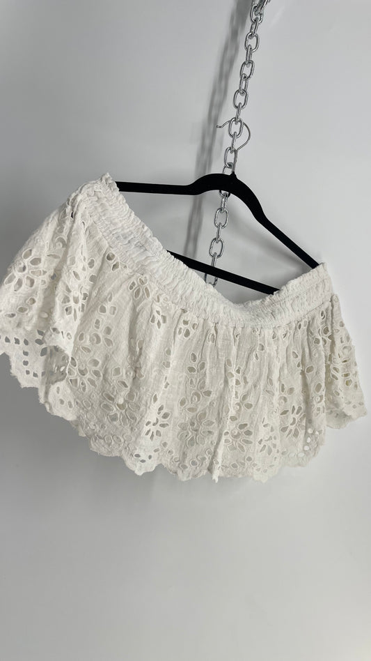 Free People Eyelet Cotton White Off the Shoulder Ruffle Bandeau (Medium)