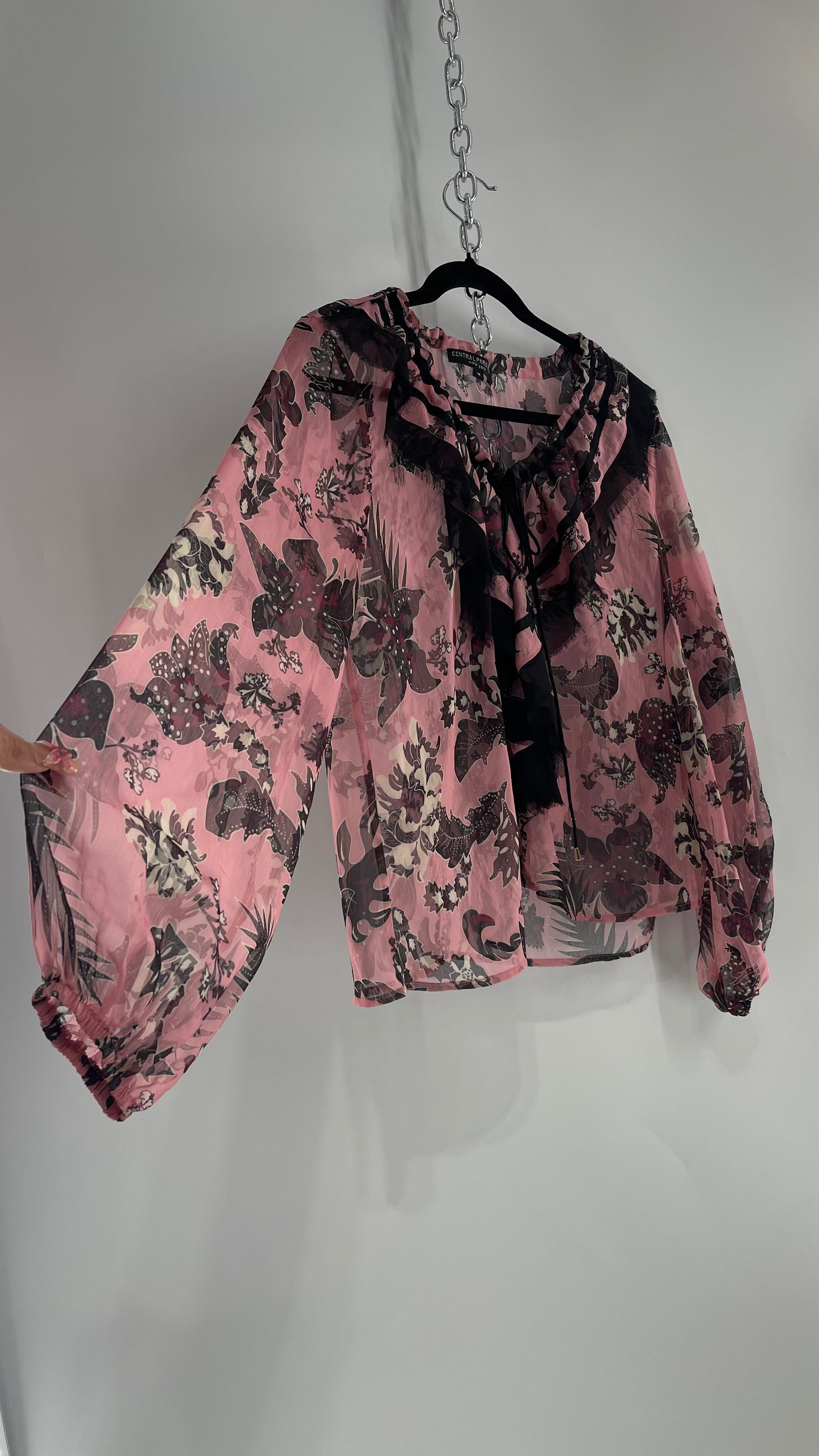 Central Park West Pink and Black Silky Ruffle Front Blouse (Medium)