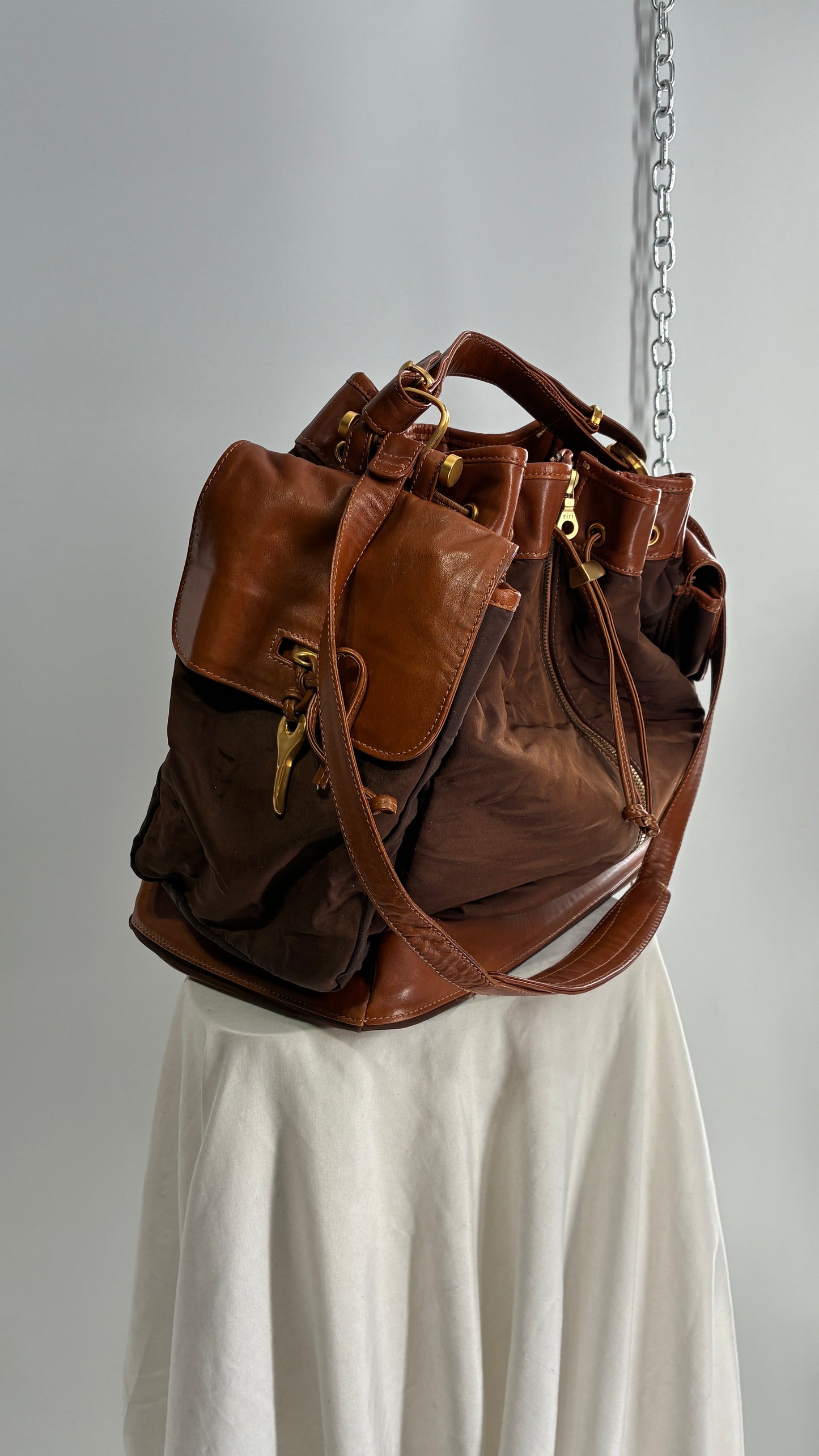 Vintage DONNA KARAN DKNY Oversized XL Brown Zip Front Bag with Leather Details