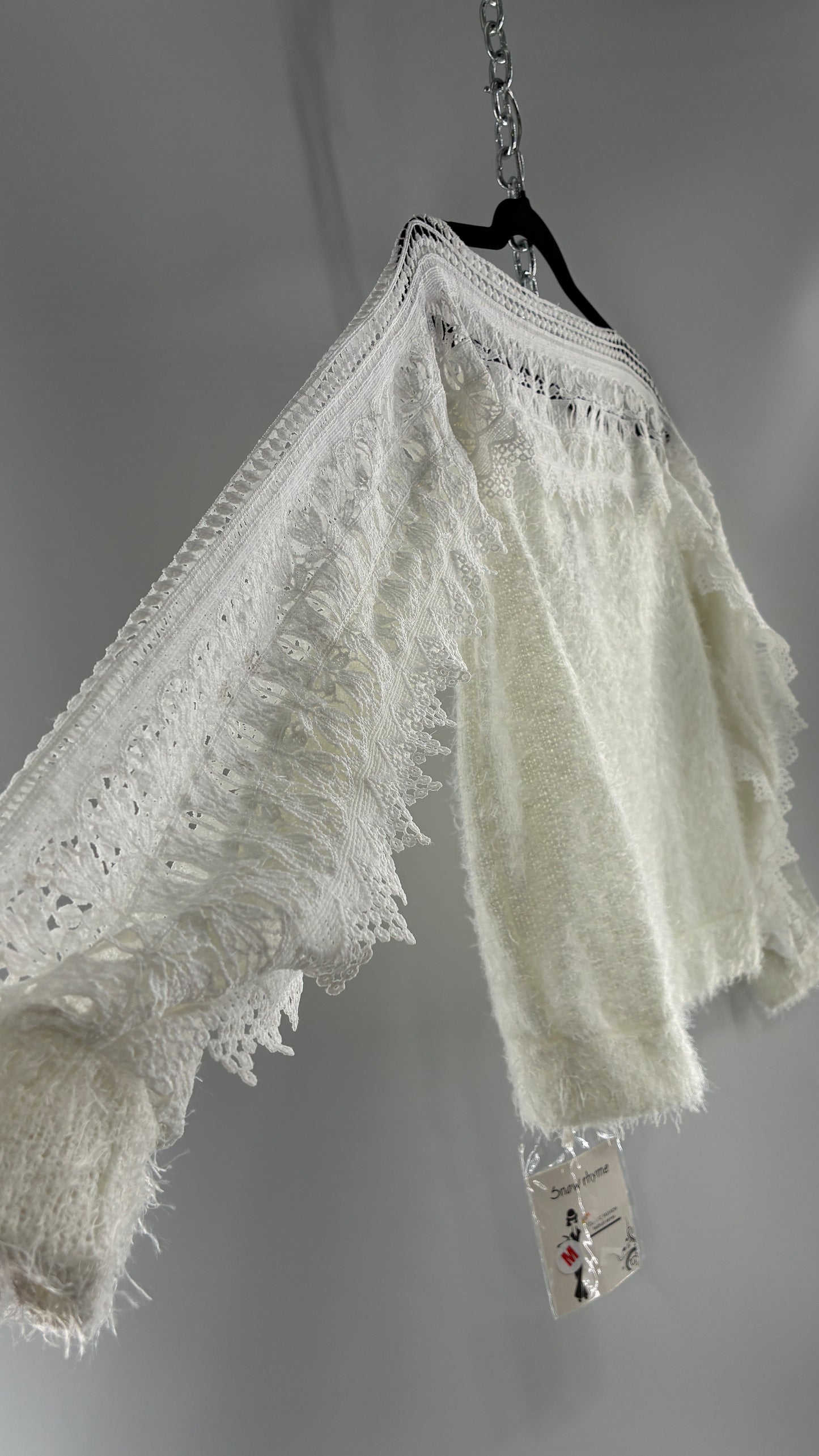 Deadstock White Shaggy Sweater with Thick Scalloped Lace Neckline + Arm Detail and Tags Attached (Medium)