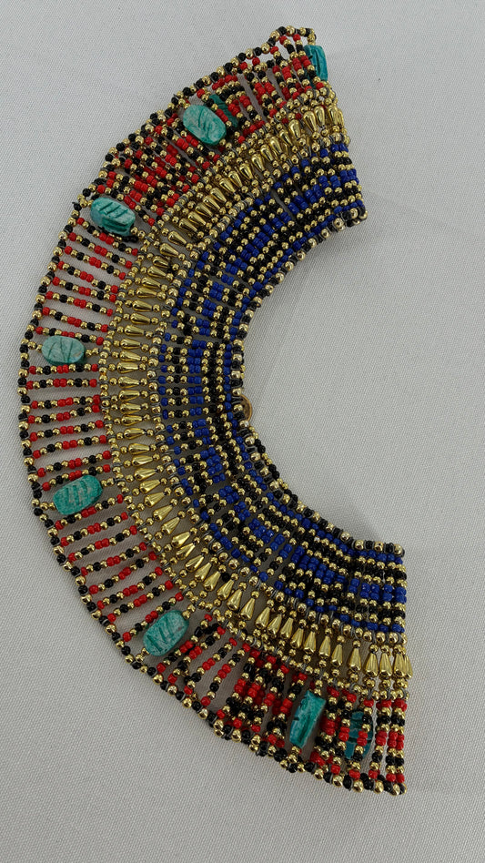Vintage Egyptian Cleopatra Pharaoh Scarab Beaded Bib Necklace