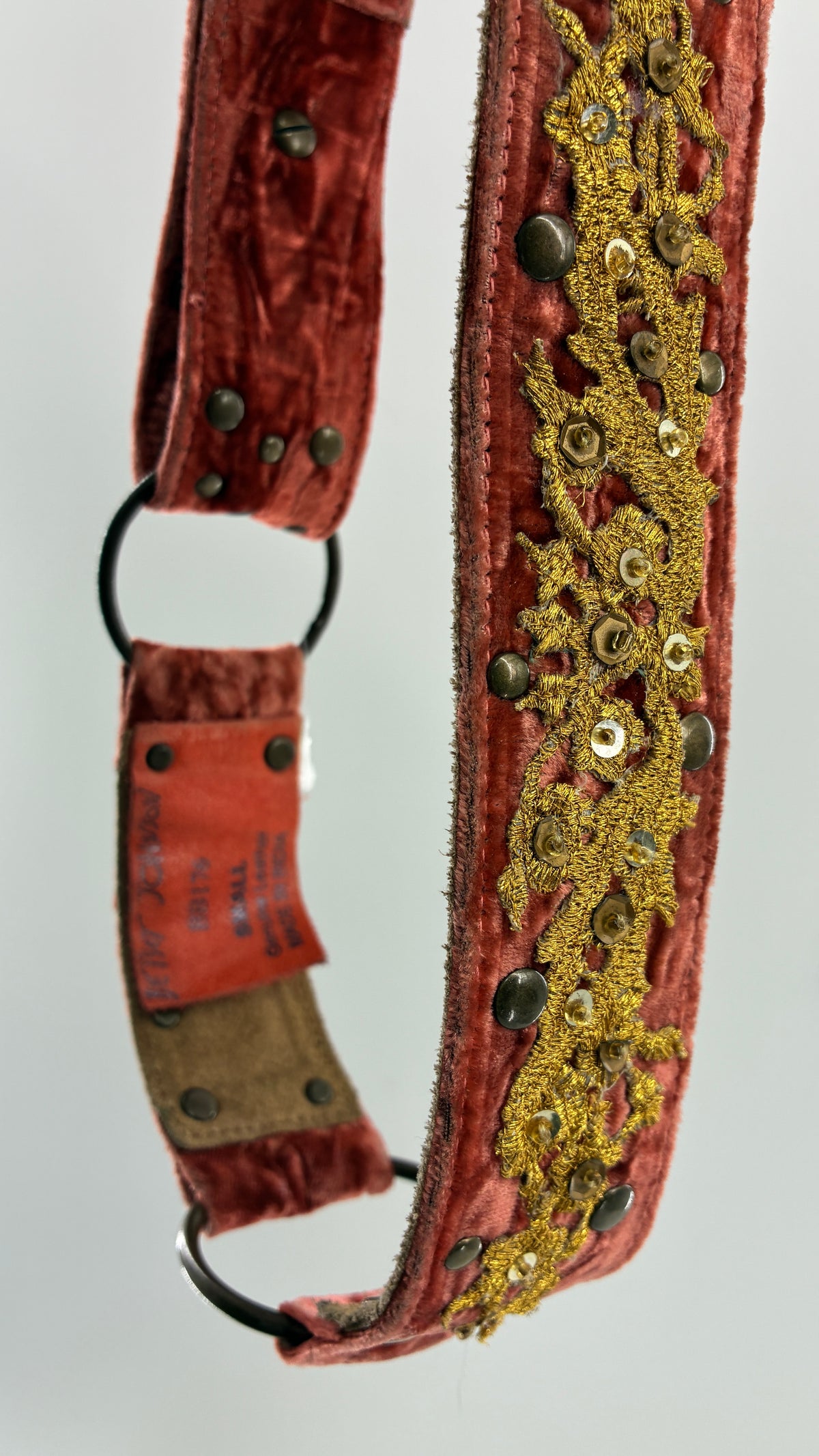 Vintage BETSEY JOHNSON Crushed Velvet Salmon Belt with Gold Appliqué and Metal Studs (Small)