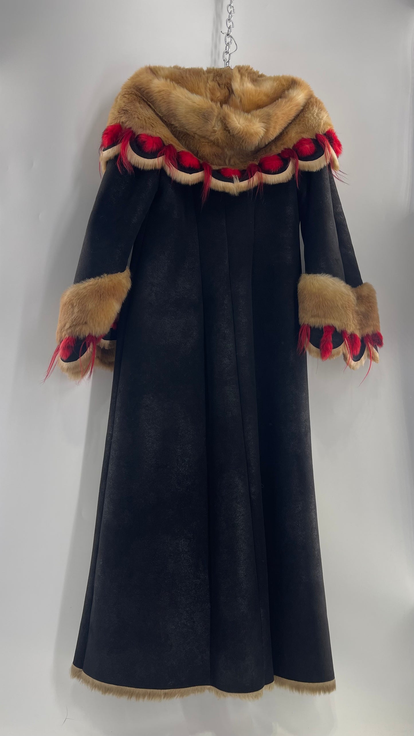 Vintage Russian Black Coat with Brown Fur Piping/Lining, Red Feathers, Scalloped Sleeve, and Hood (Medium)