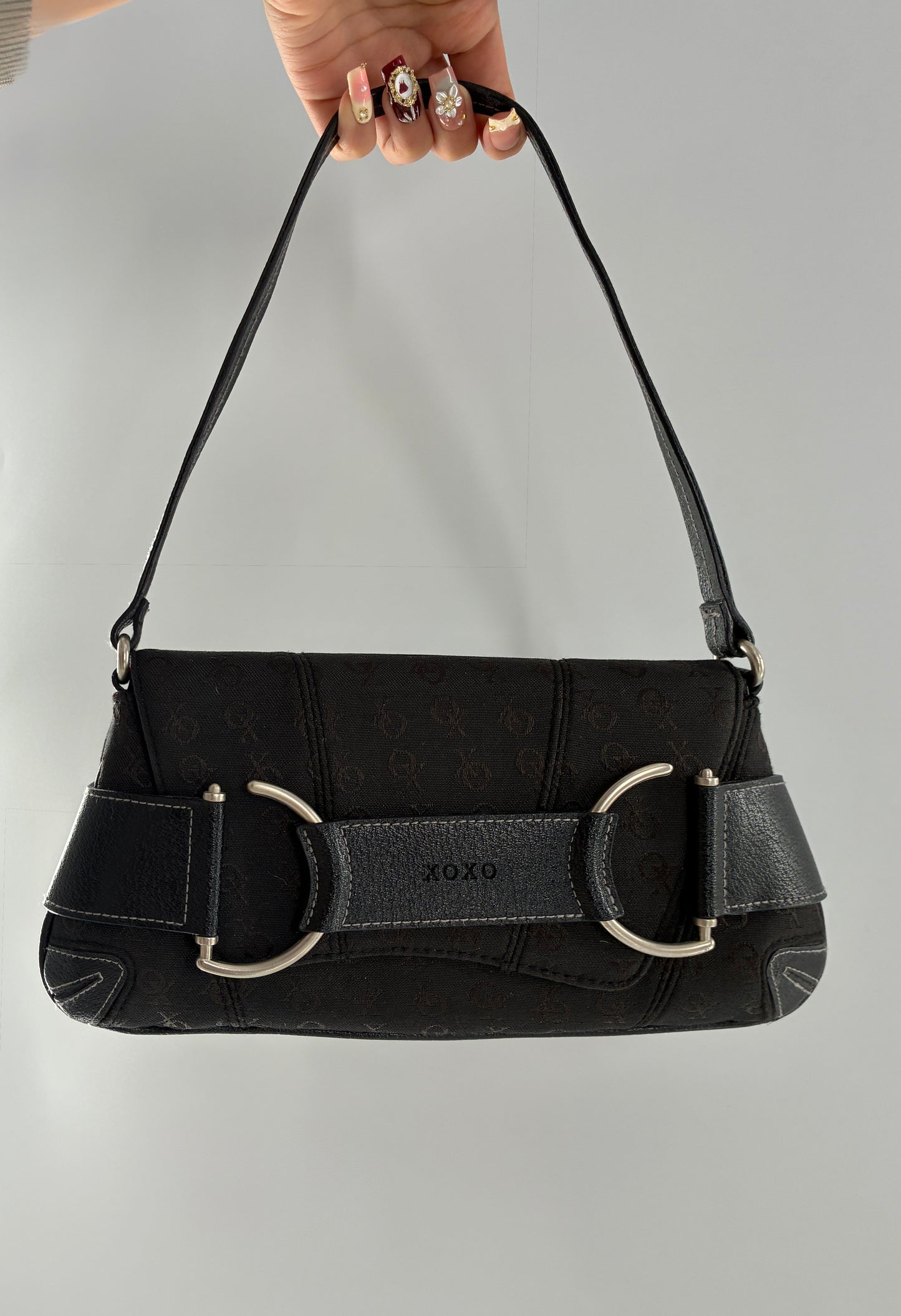 Vintage XOXO Black Mini Shoulder Bag with Monogram Print