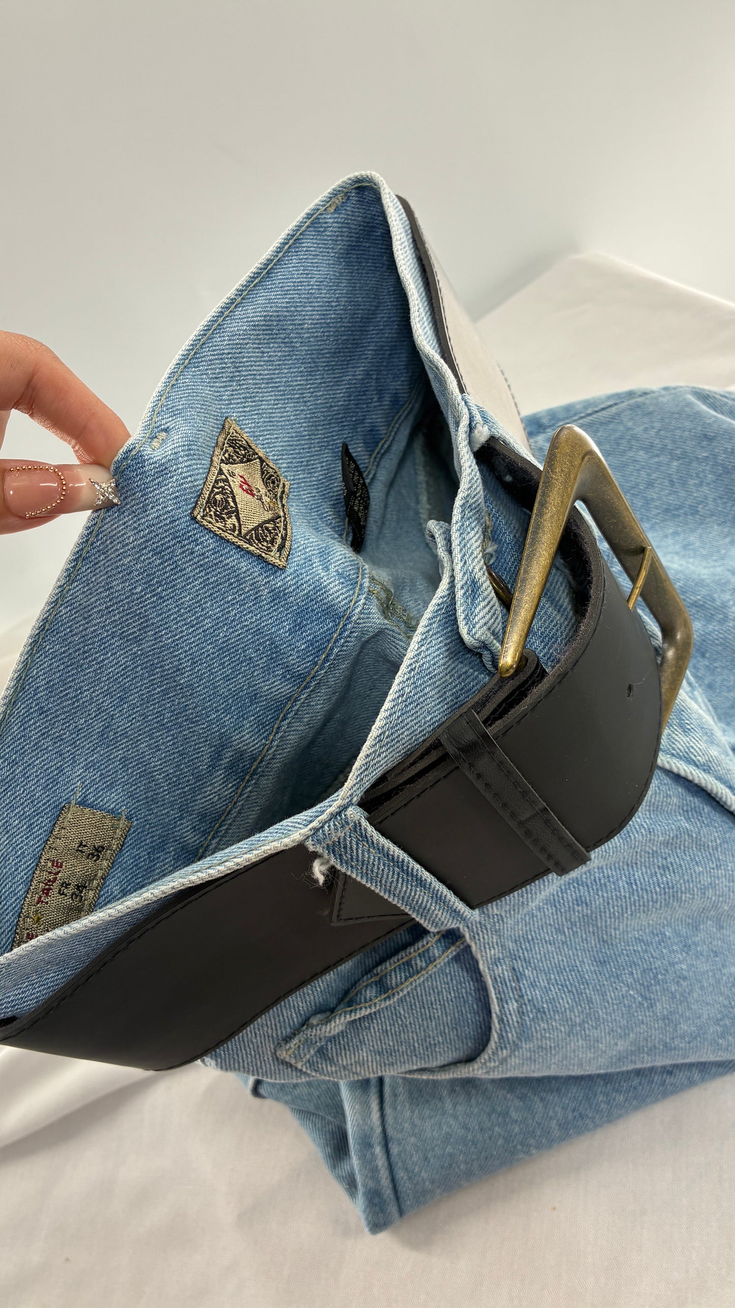 Vintage 1990s EXPRESS Ultra High Waisted Jean Shorts with Wide Waist Belt (1/2)