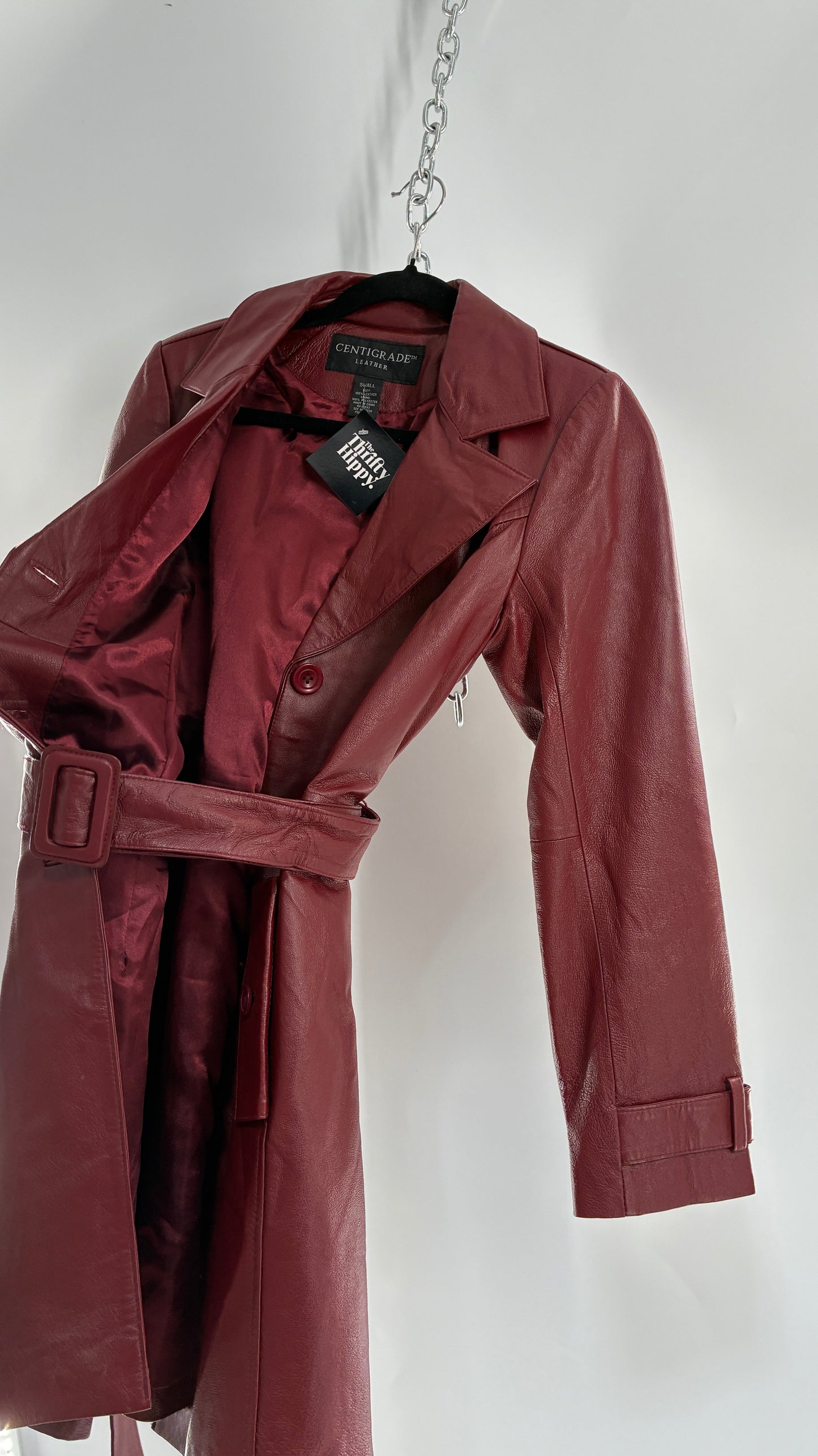 Vintage 1990s CENTIGRADE Red Crimson Genuine Leather Trench Coat (Small)