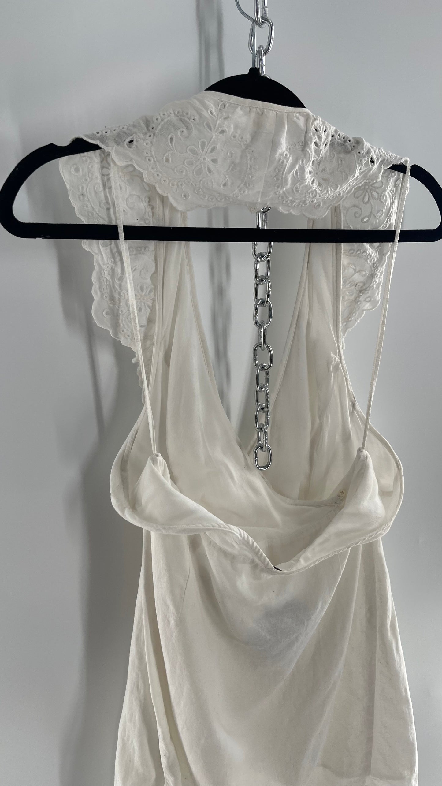 Free People White Cotton Dress with Eyelet Lace Trim Halter (Medium)