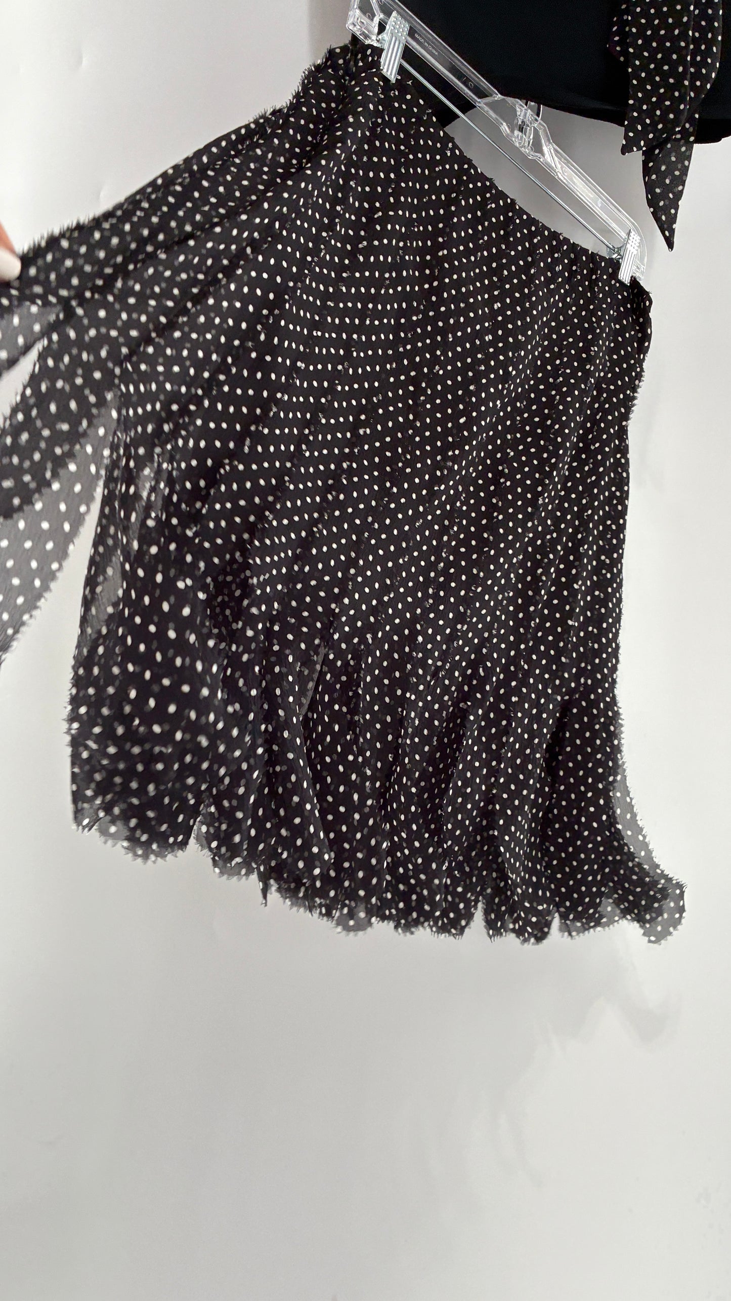 Vintage DANA BUCHMAN 100% Silk Polka Dotted Fringe Skirt and Off the Shoulder Top (Medium)