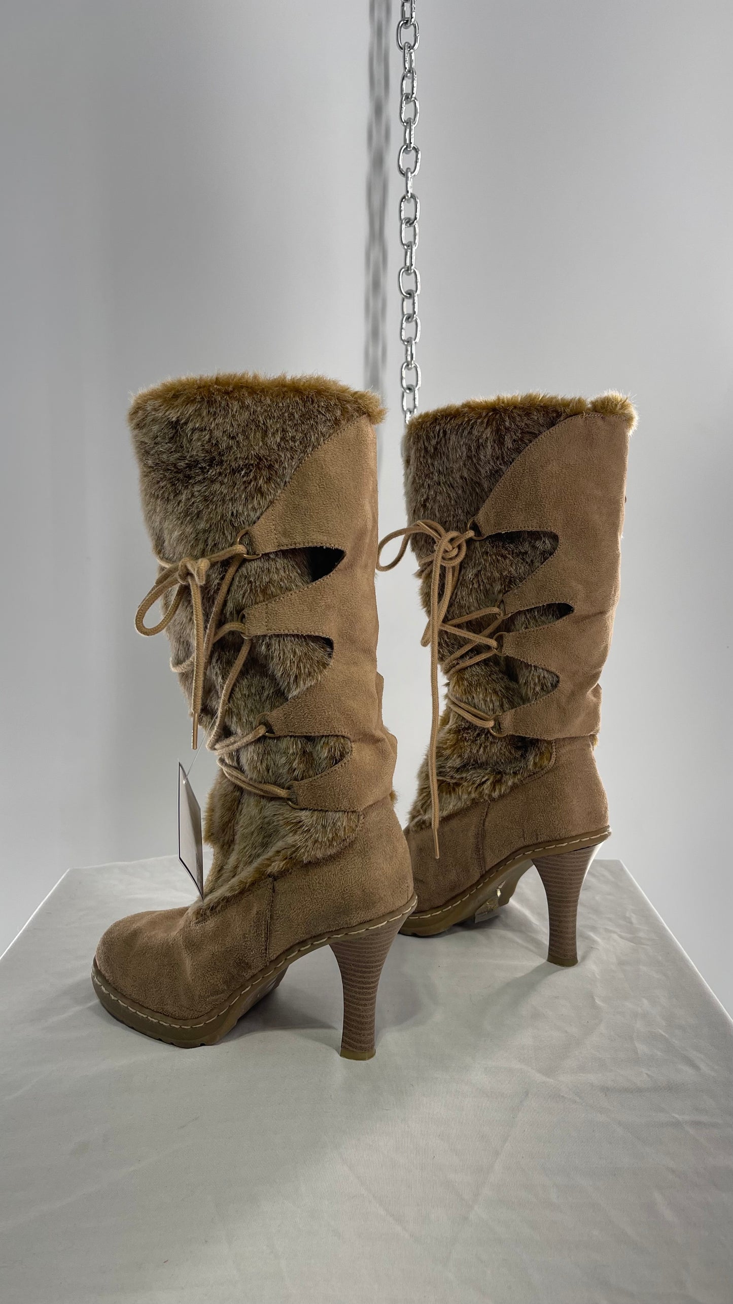 Vintage Round Toe Faux Fur Booties with Tie Up Details (7.5)