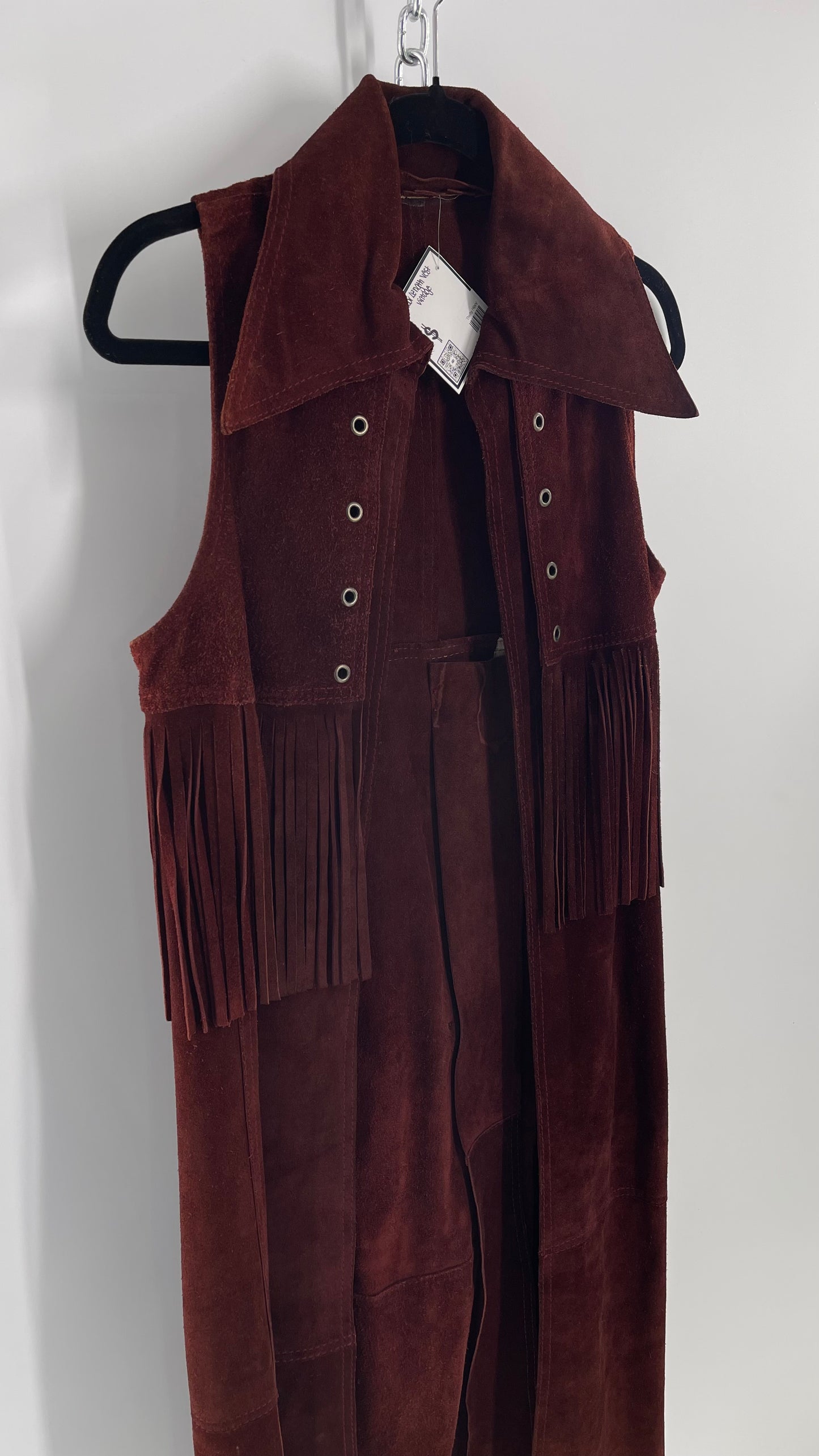 Vintage 1970s Suede Leather Full Length Reddish Brown Vest (S/M)