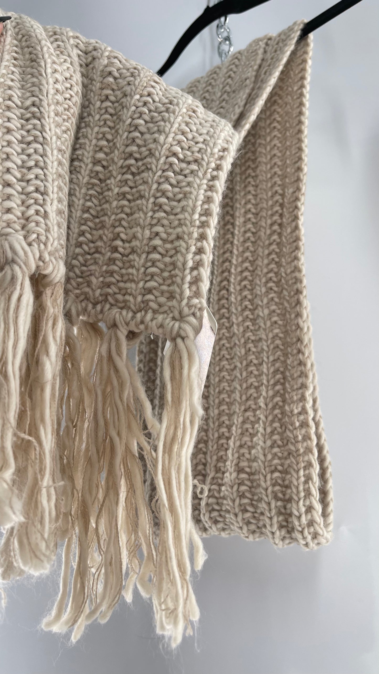 Beige Knit Skinny Scarf Ultra Long with Tassels