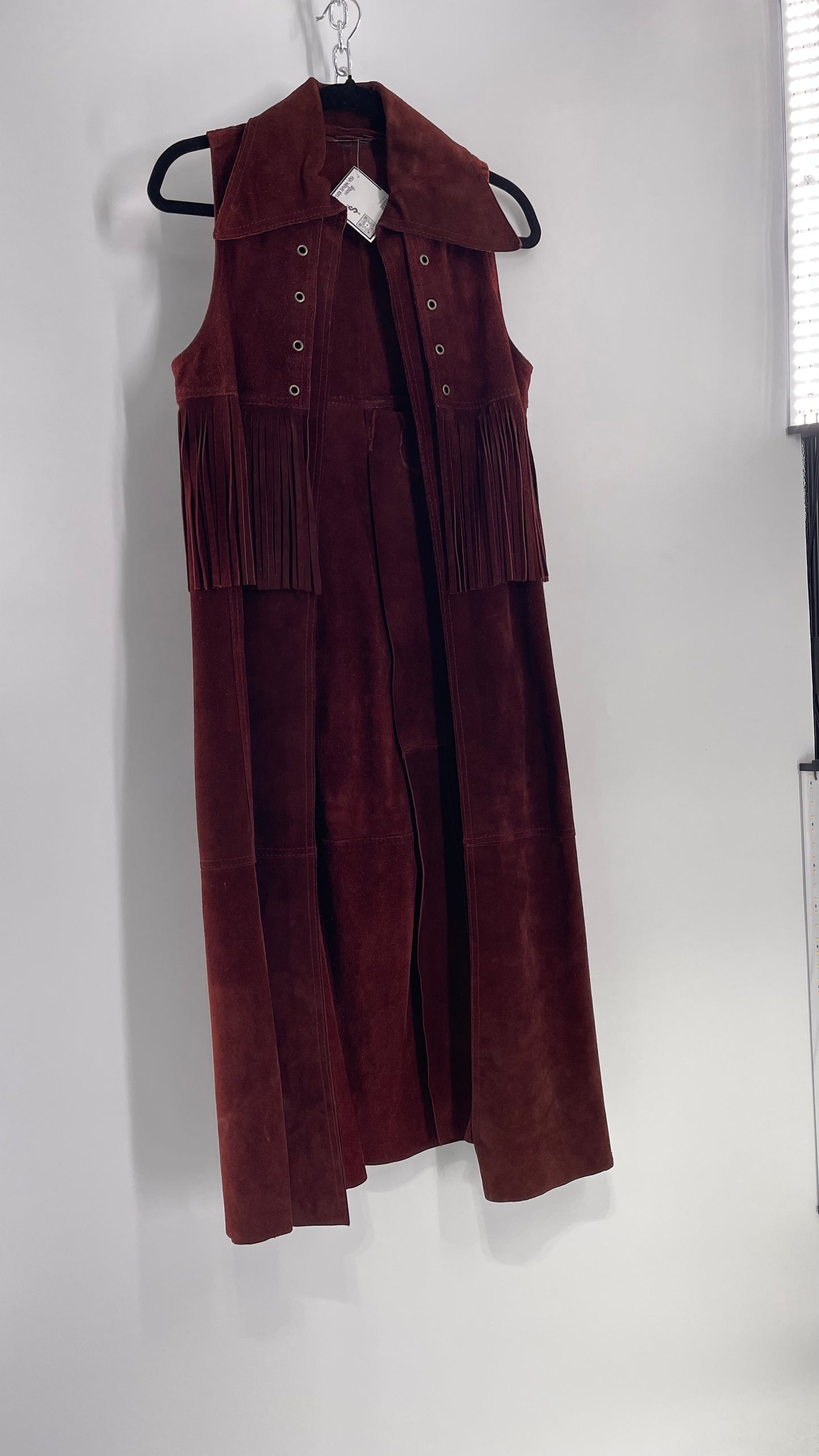 Vintage 1970s Suede Leather Full Length Reddish Brown Vest (S/M)