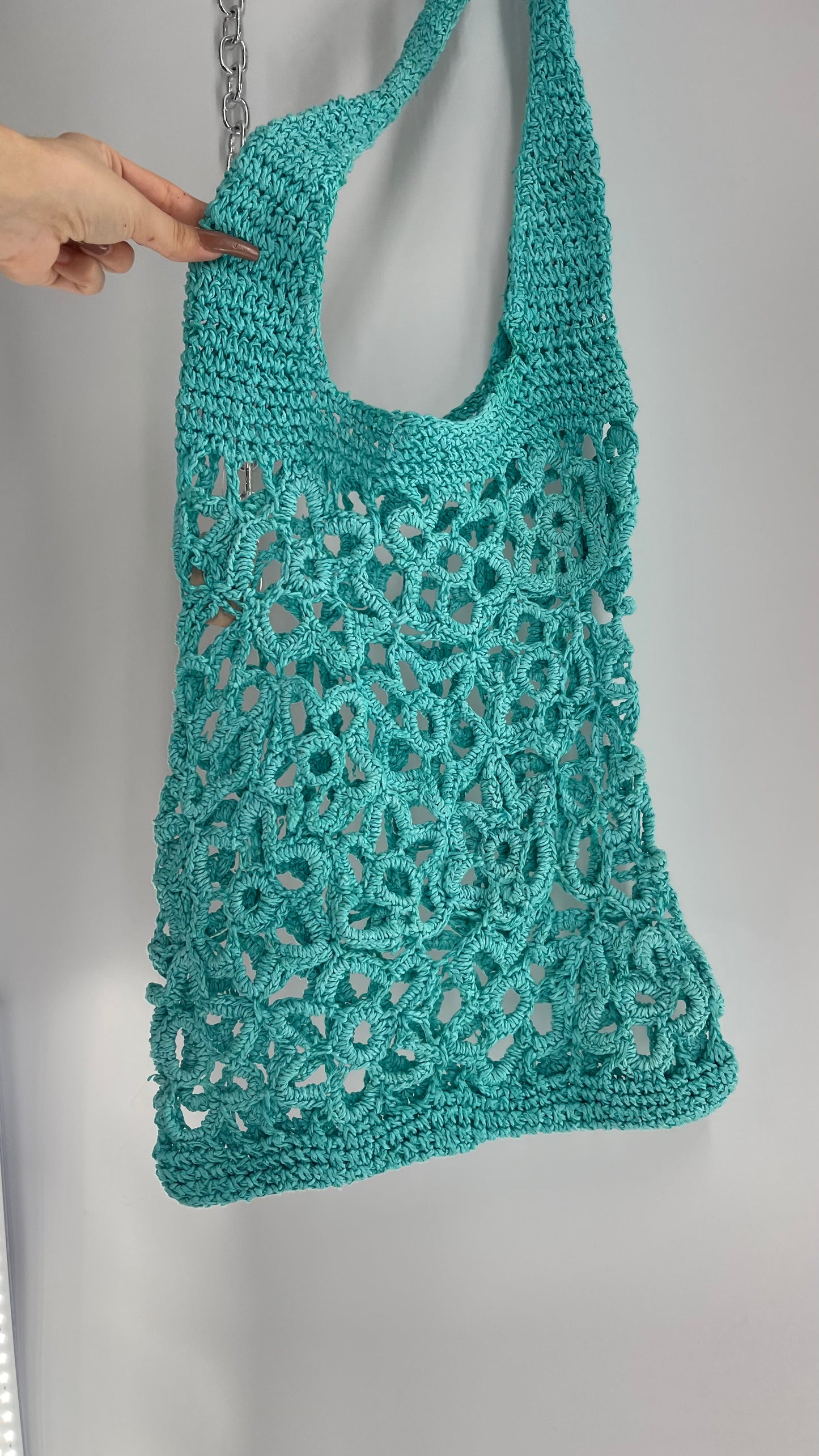 Turquoise Blue Straw Flower Tote Bag