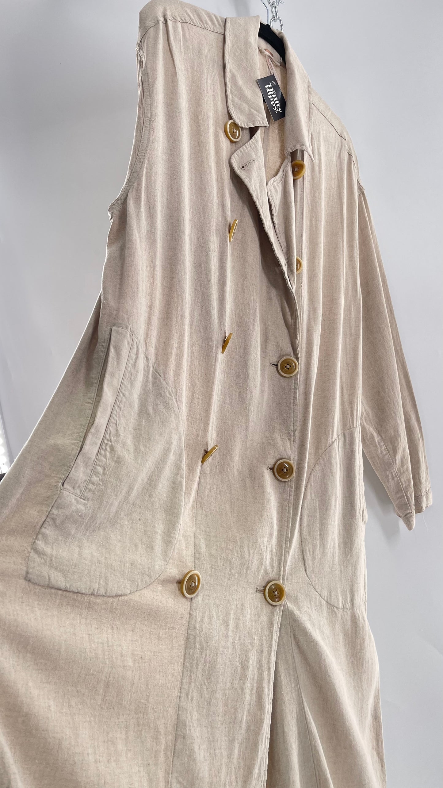 Free People Double Breasted Beige Linen Trench Coat with Brown Buttons and Tags Attached