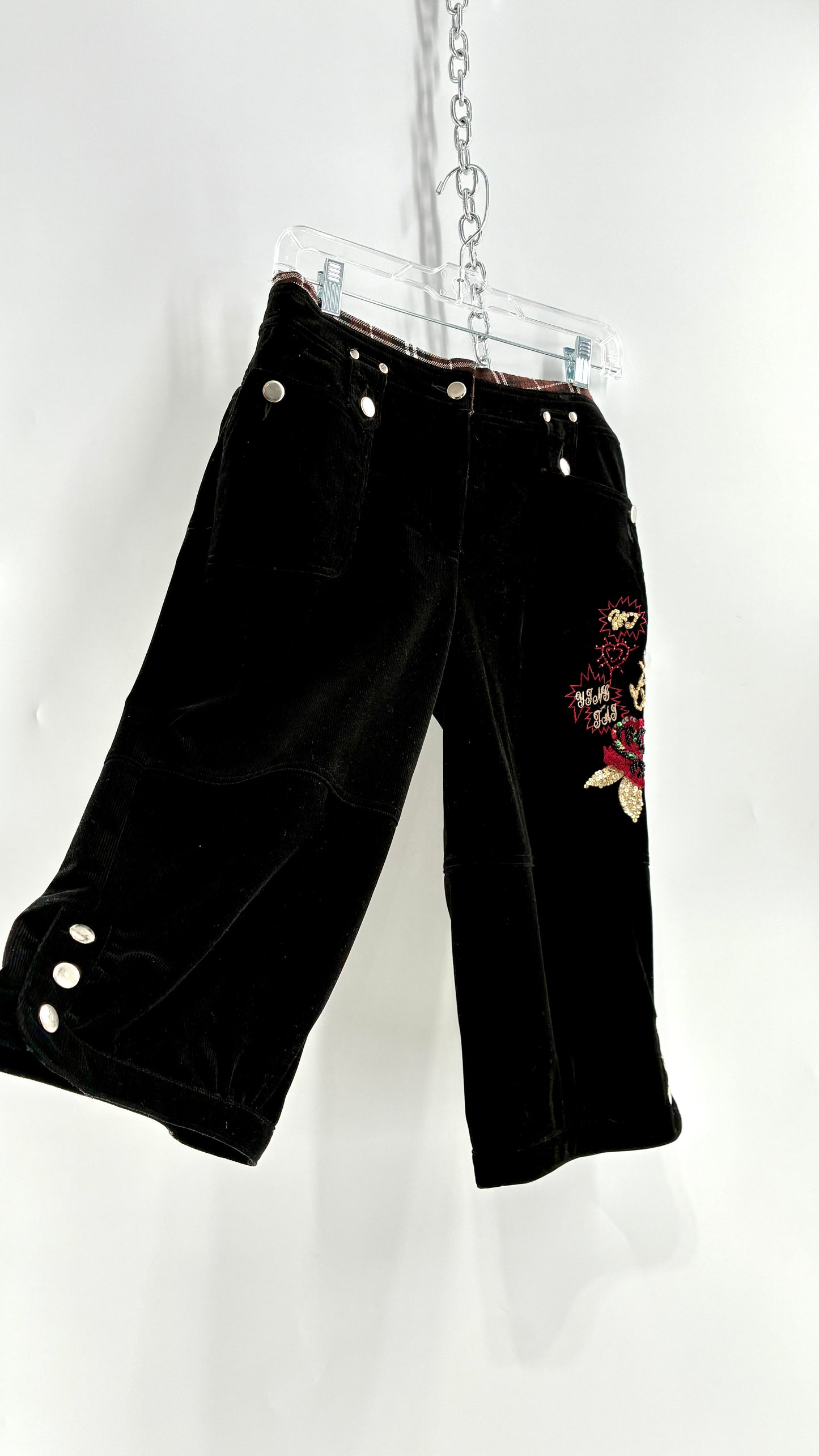 Vintage Black Corduroy Capris with Full Thigh Embroidery, Silver Buttons, and Woven Plaid Waistline (30)