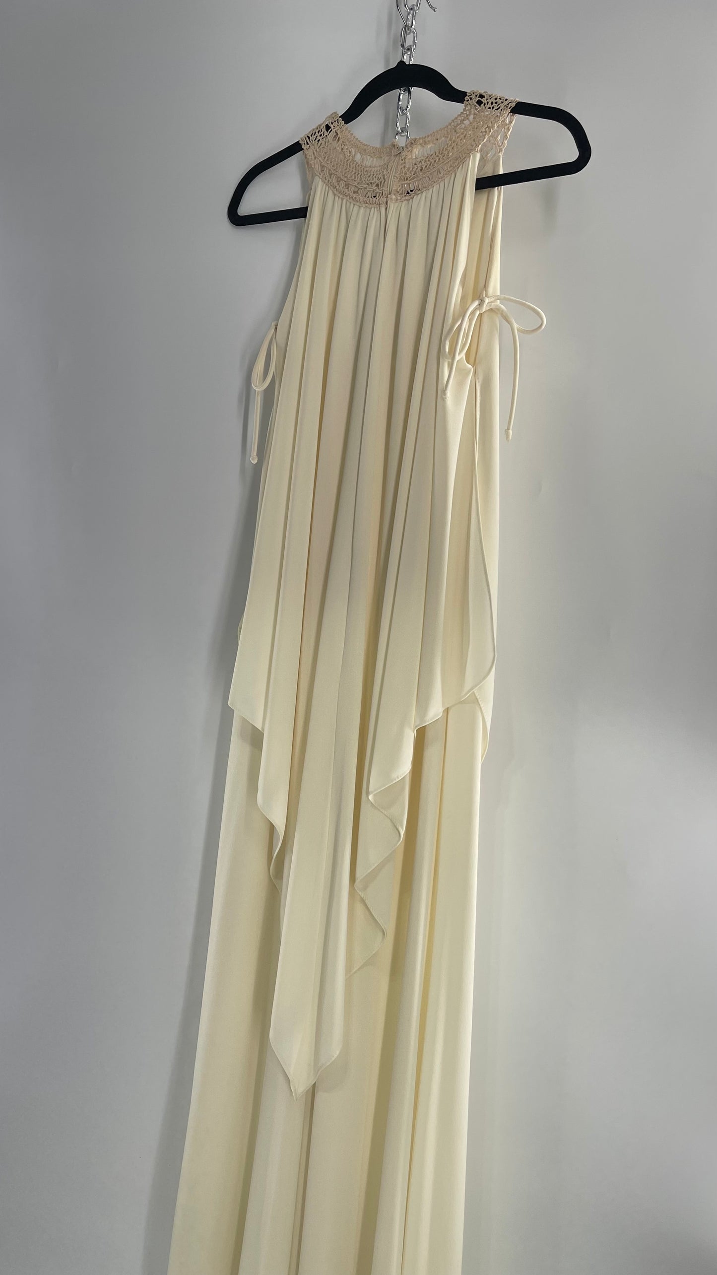 Vintage 1970s Off White Hand Made Goddess Gown with Draping Details, Tie Underarm, Pleated Body and Crochet/Macrame Neckline Detail (XS/S)