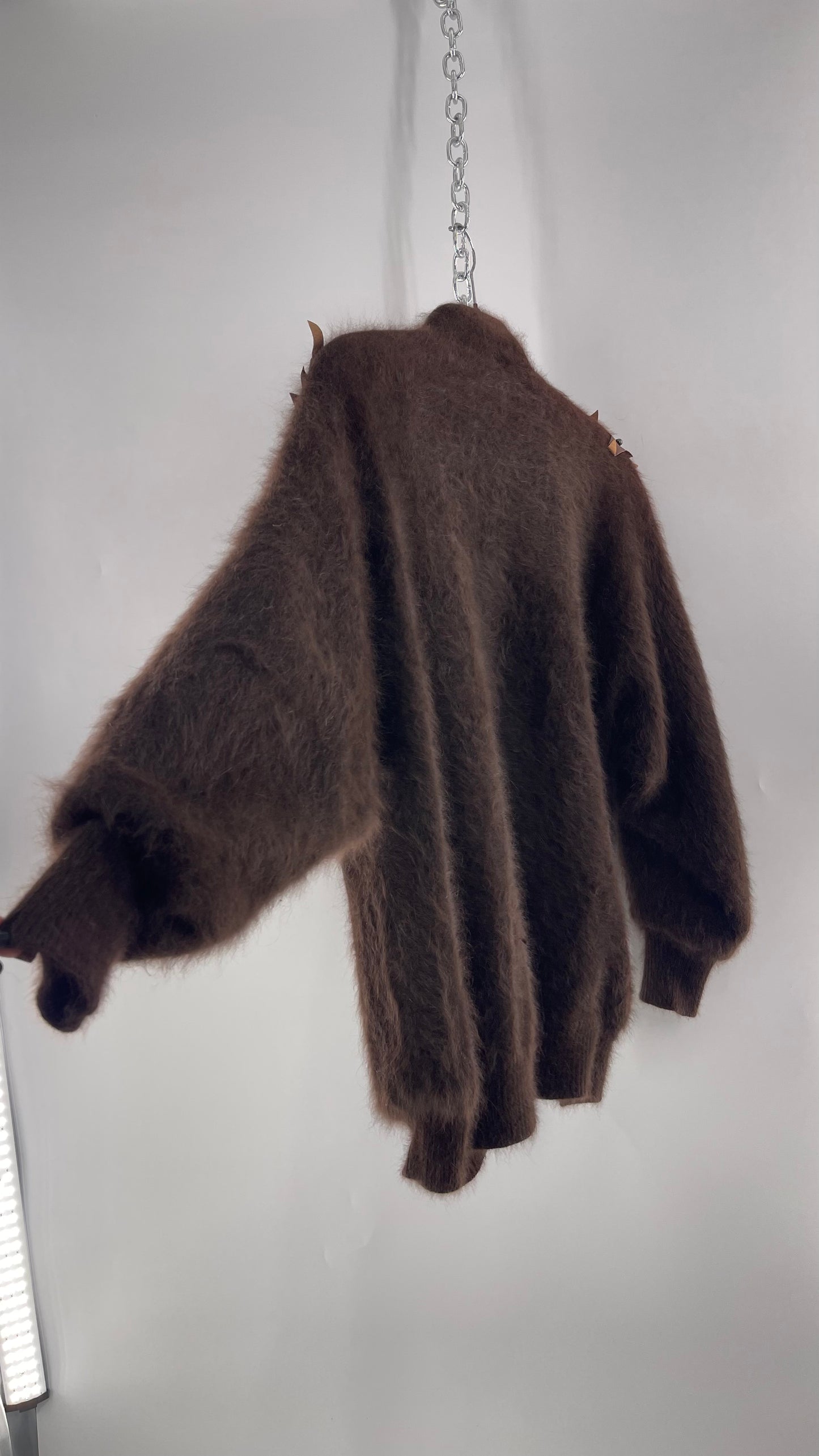 Liho Korean Vintage Brown Cardigan with Leather, Fur and Beaded Detailing 15% Wool 75% Angora  (C)(Medium)