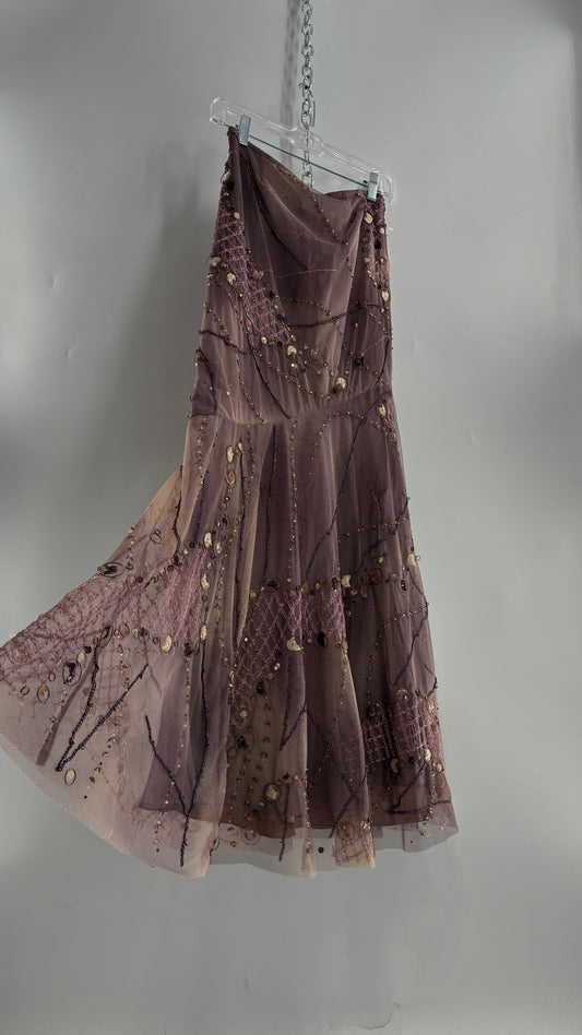 Vintage ALBERTO MAKALI Completely Embroidered and Beaded Maxi Asymmetric Dusty Purple Skirt (4)