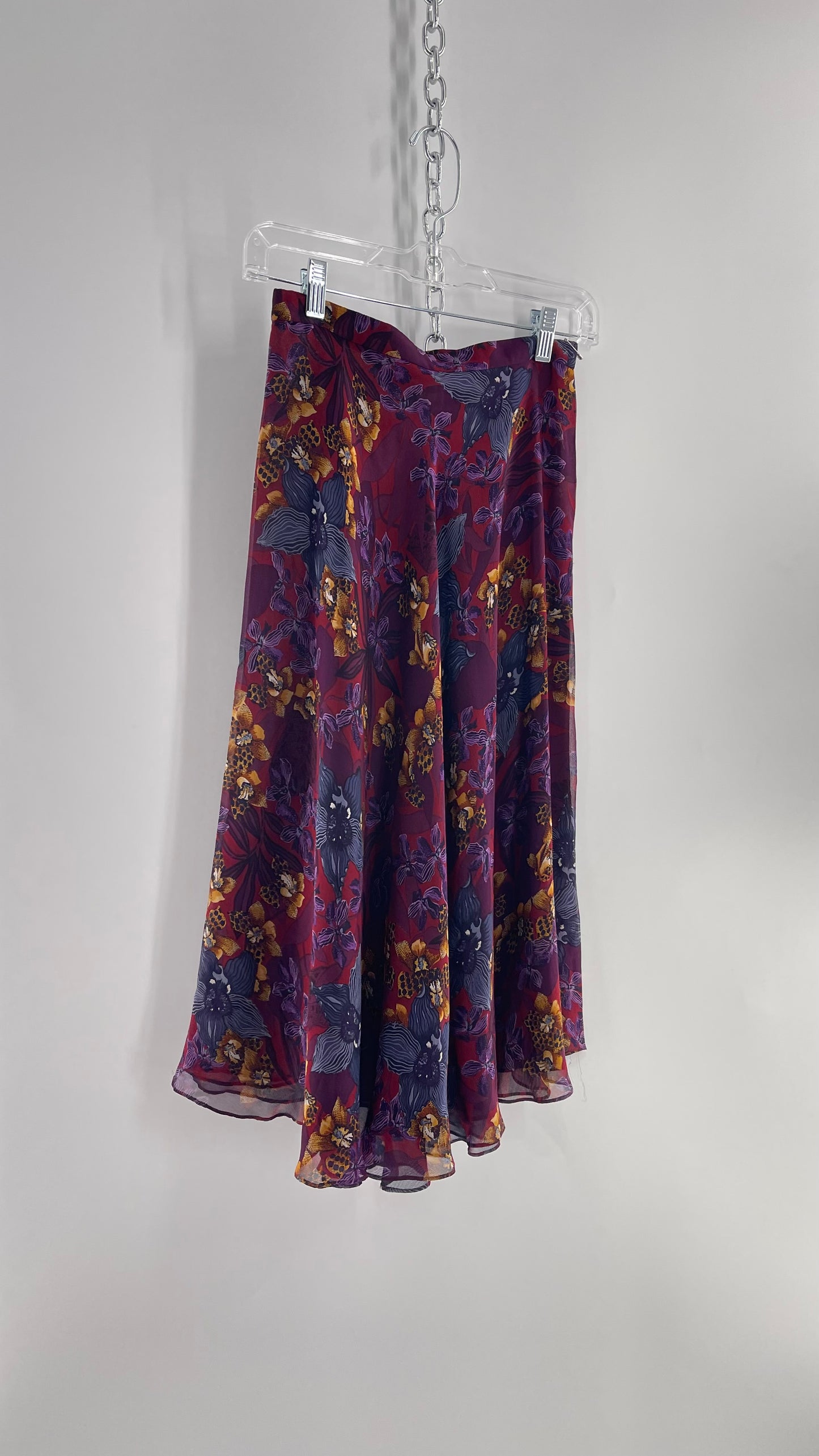 Vintage 100% Silk Burgundy Tropical Skirt with Leopard Florals (4)