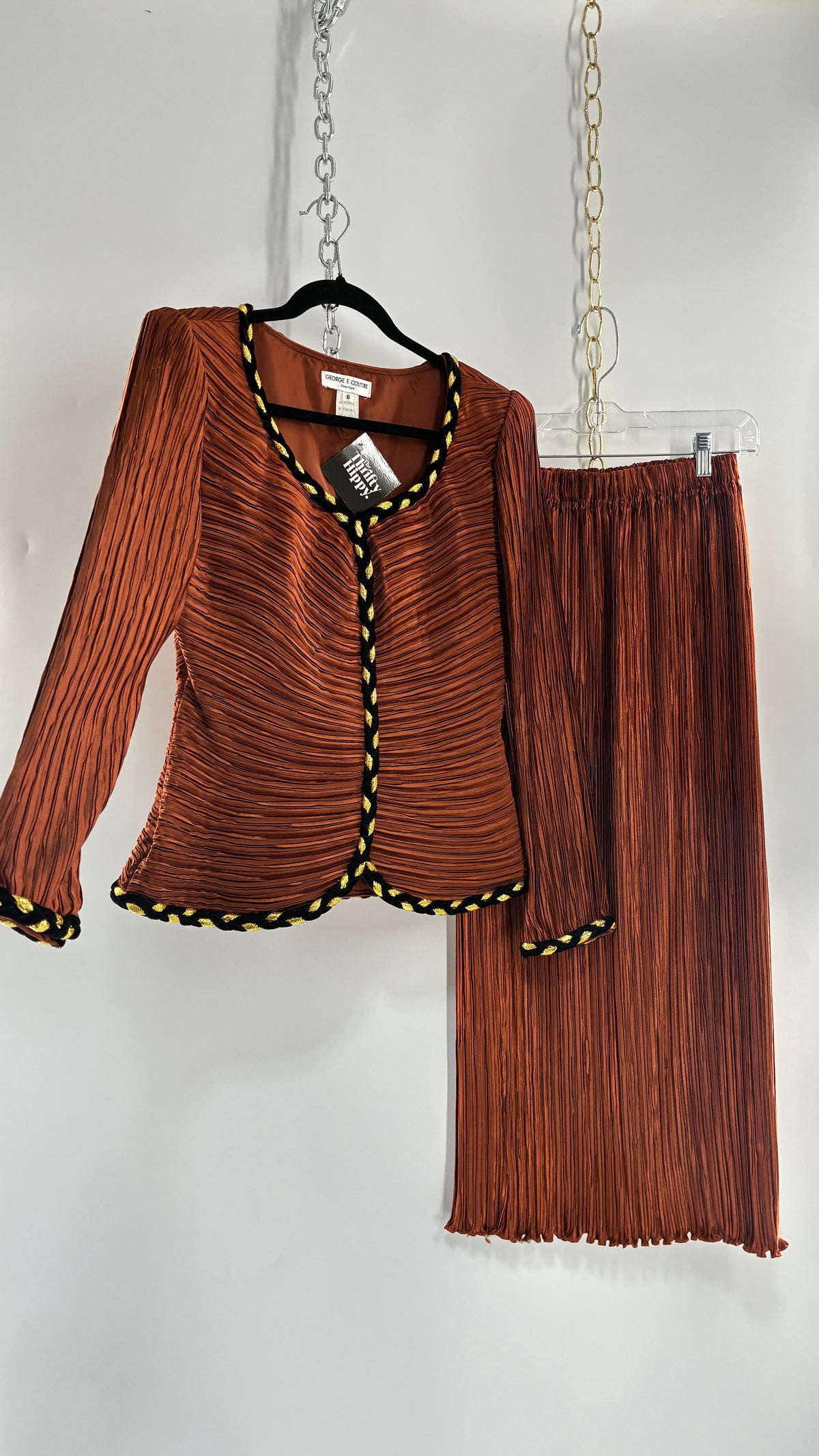Vintage GEORGE F COUTURE Plissé 2 Piece Burnt Orange Structured Blazer Set with Velour, Gold Rope Detail (6)