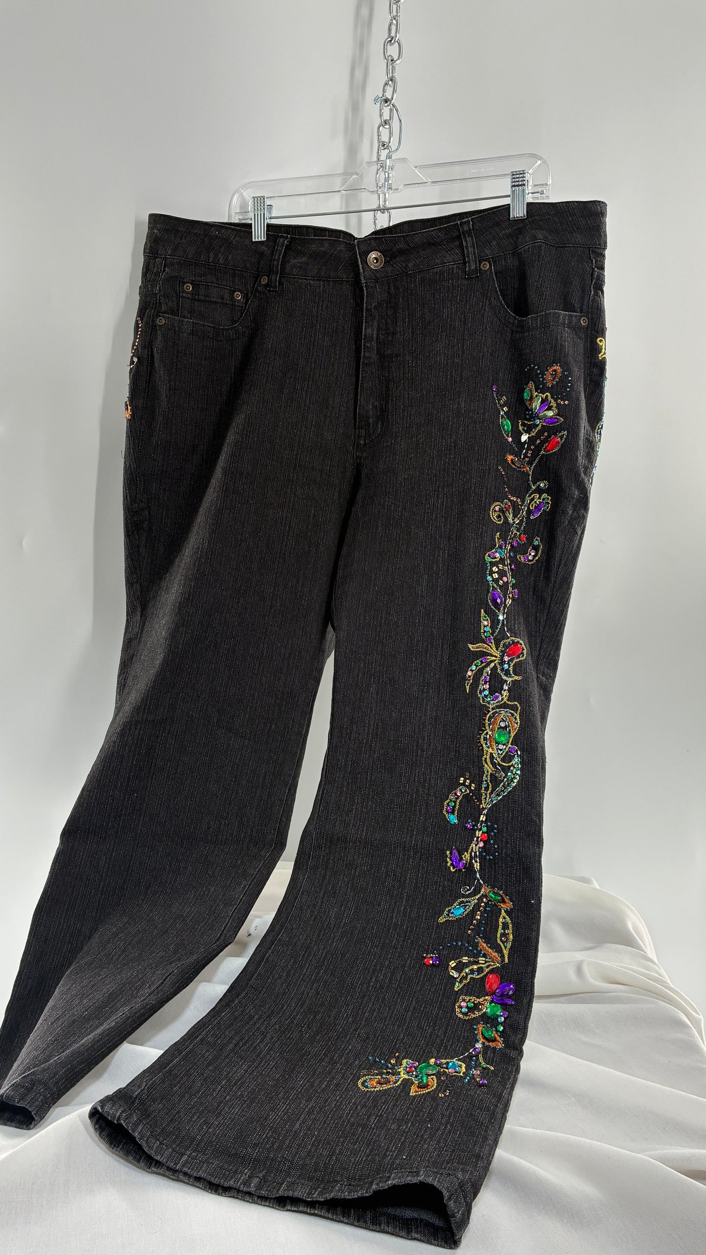 Vintage Grainy Black Denim with Hip to Hem Gemstones and Embroidery (22W)