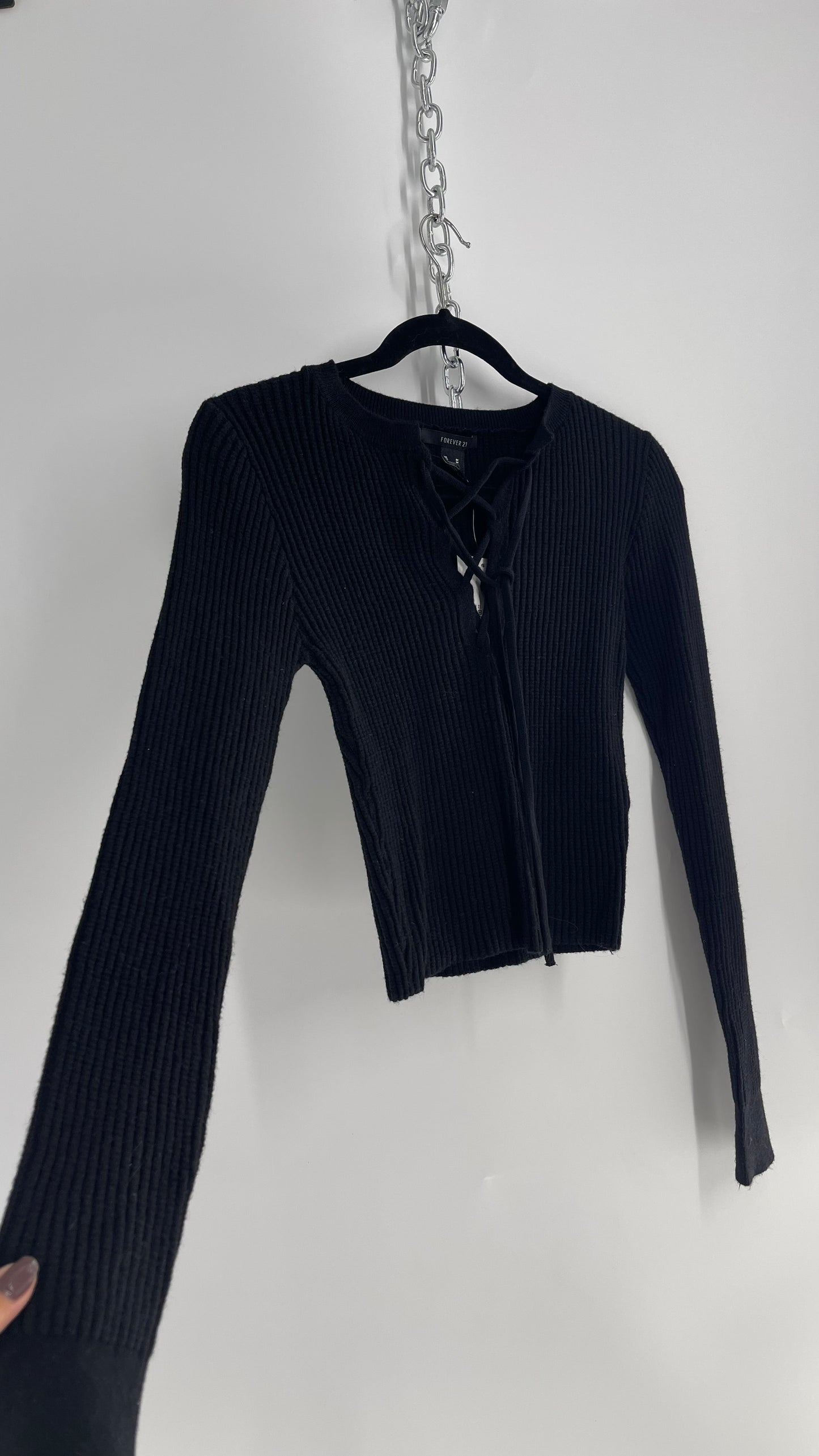 Forever 21 Black Ribbed Knit Long Sleeve (Medium)