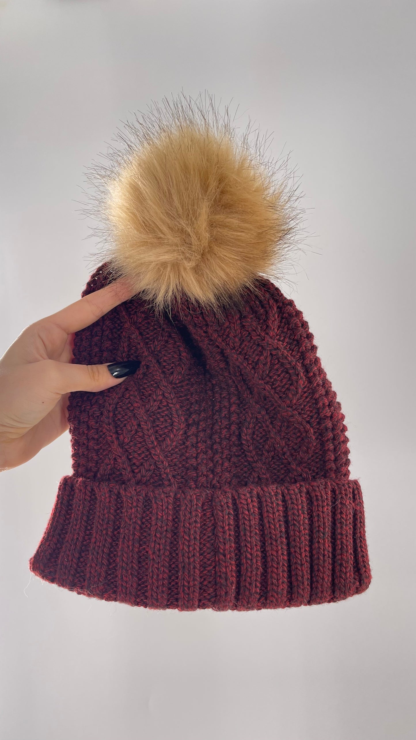 Urban Outfitters Burgundy Knit Beanie with Tan Faux Fur Pom