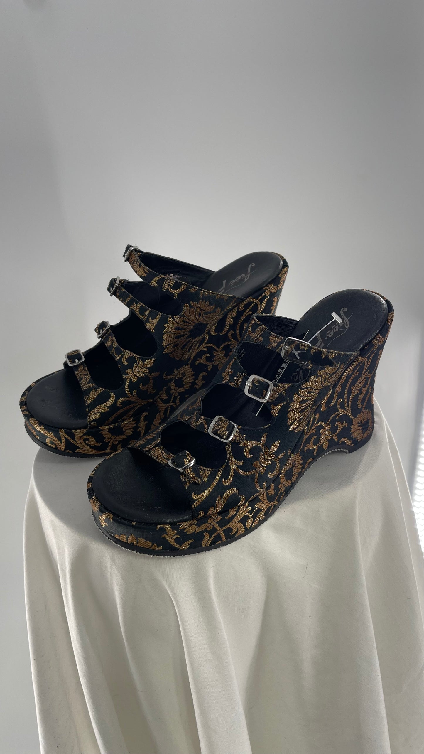 Free People Black Hoffman Buckle Front Wedge Heels with Satin Gold Paisley/Brocade Pattern (37)