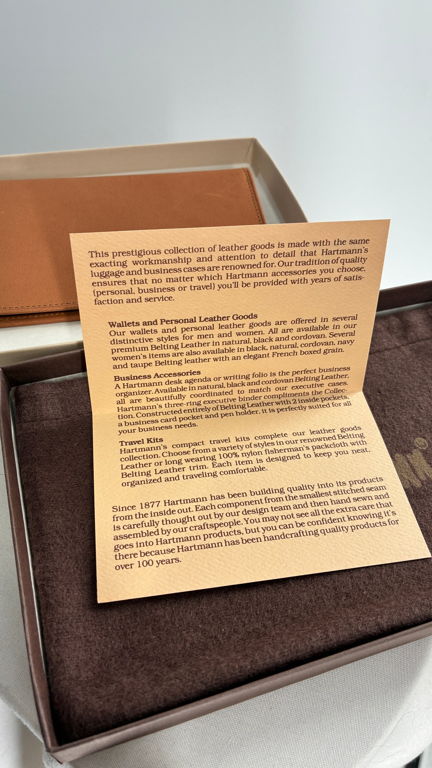 Vintage Hartmann Brown Leather Wallet with Paperwork and Original Box