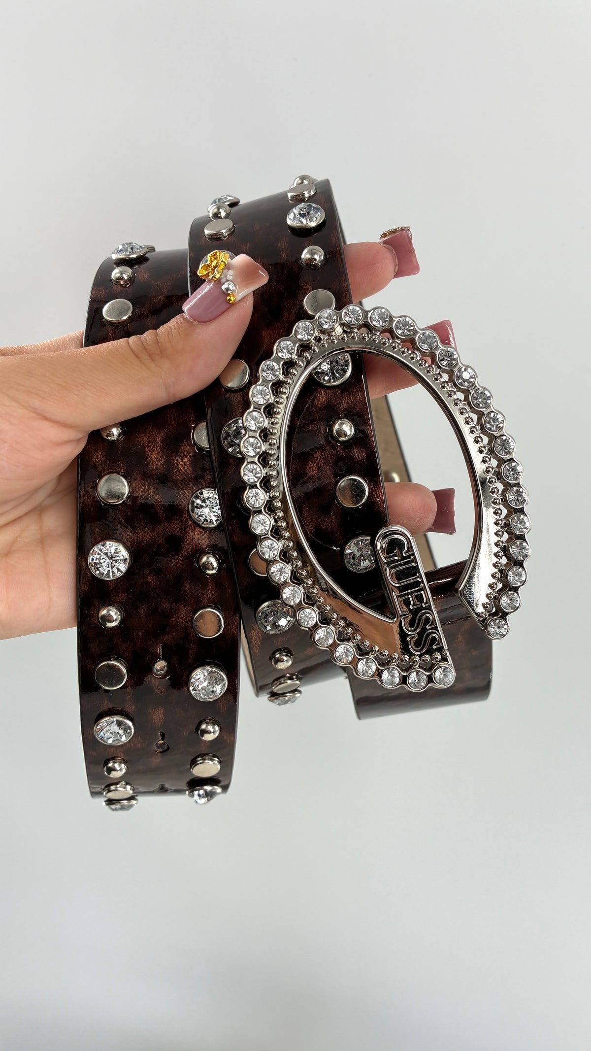 Vintage GUESS Glossy Tortoise/Cheetah Belt Covered in Studs, Crystals and Iconic Buckle (Large)