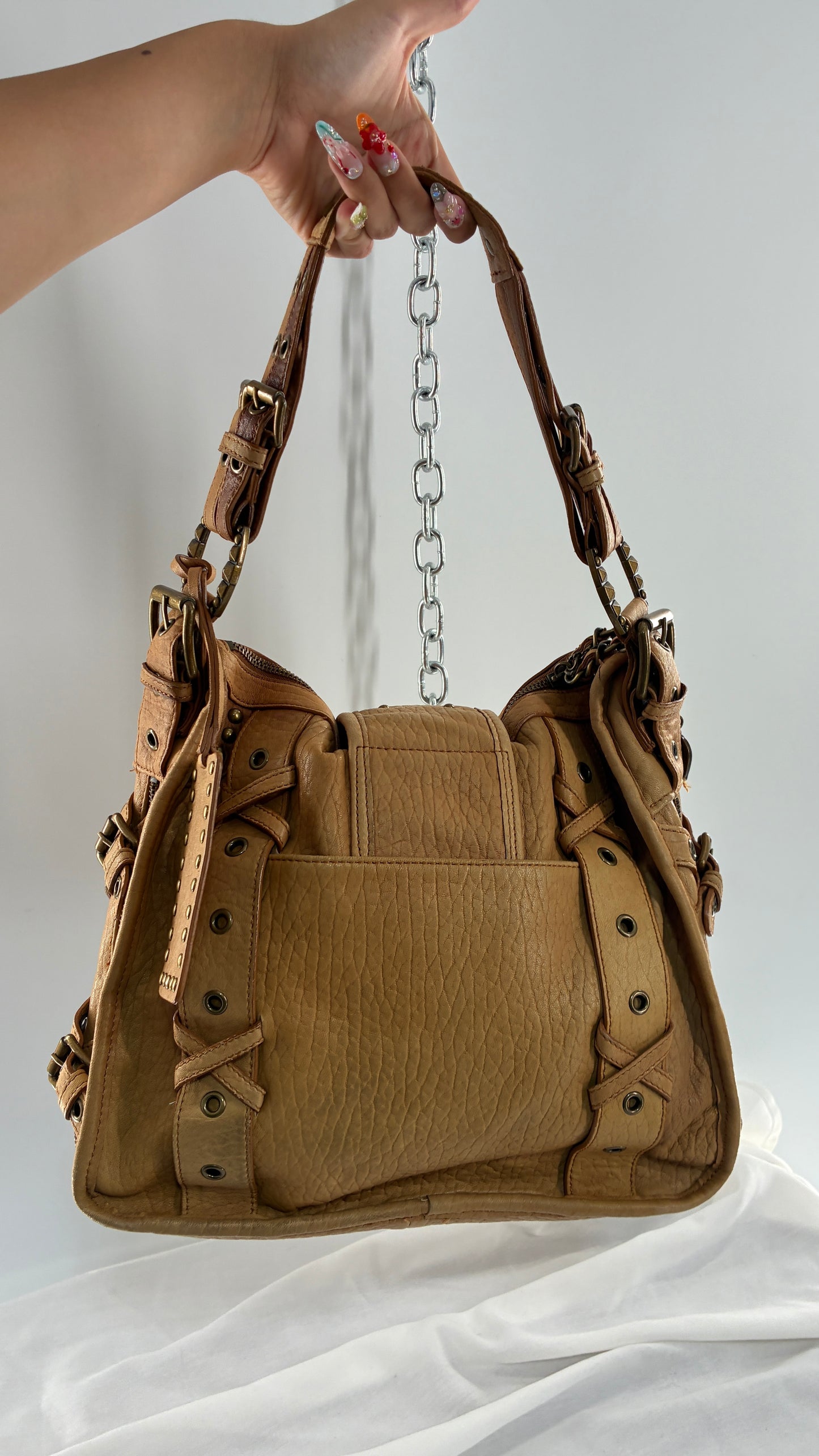 Rare Vintage BETSEY JOHNSON Heavy Leather, Oversized Shoulder Bag with Leopard Lining